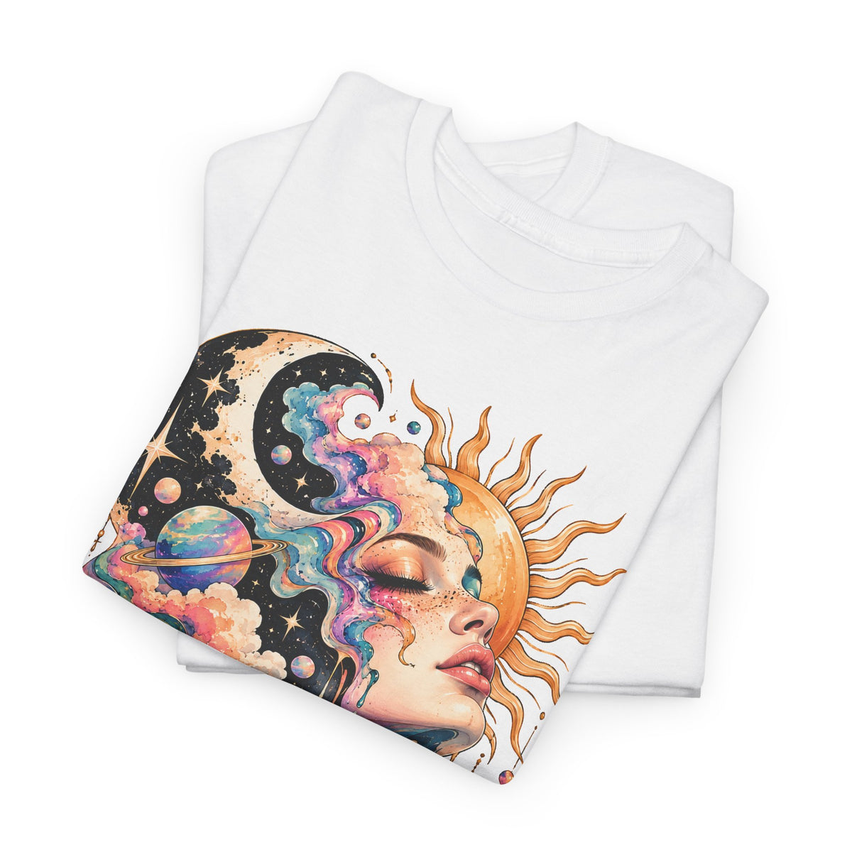 Celestial Sun and Moon Woman T-Shirt, Pastel Cloud Hair Melting Drip Planets Stars Graphic Tee Unisex