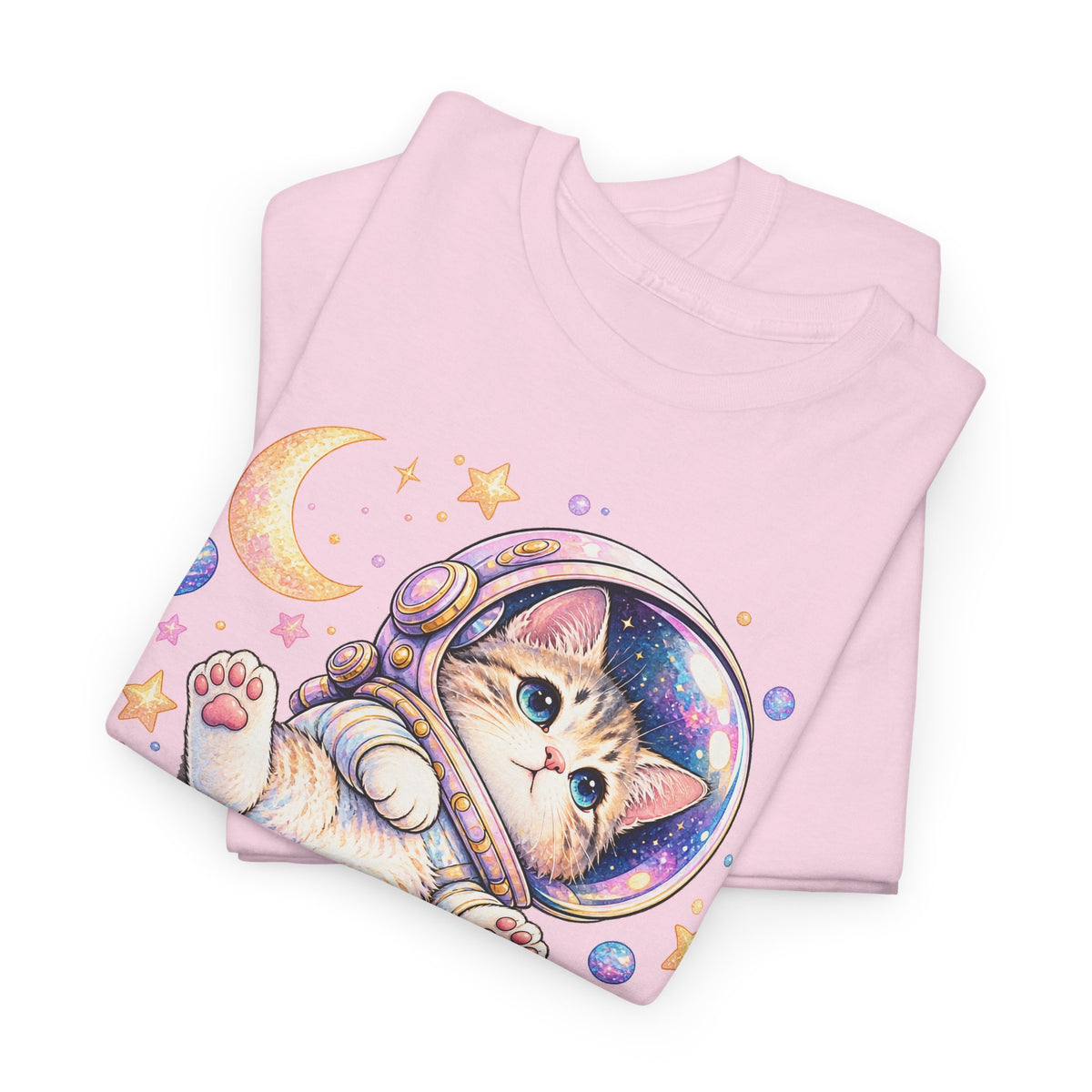 Astronaut Kitten T-Shirt, Cute Pastel Space Cat Helmet Moon Planets Stars Graphic Tee Unisex