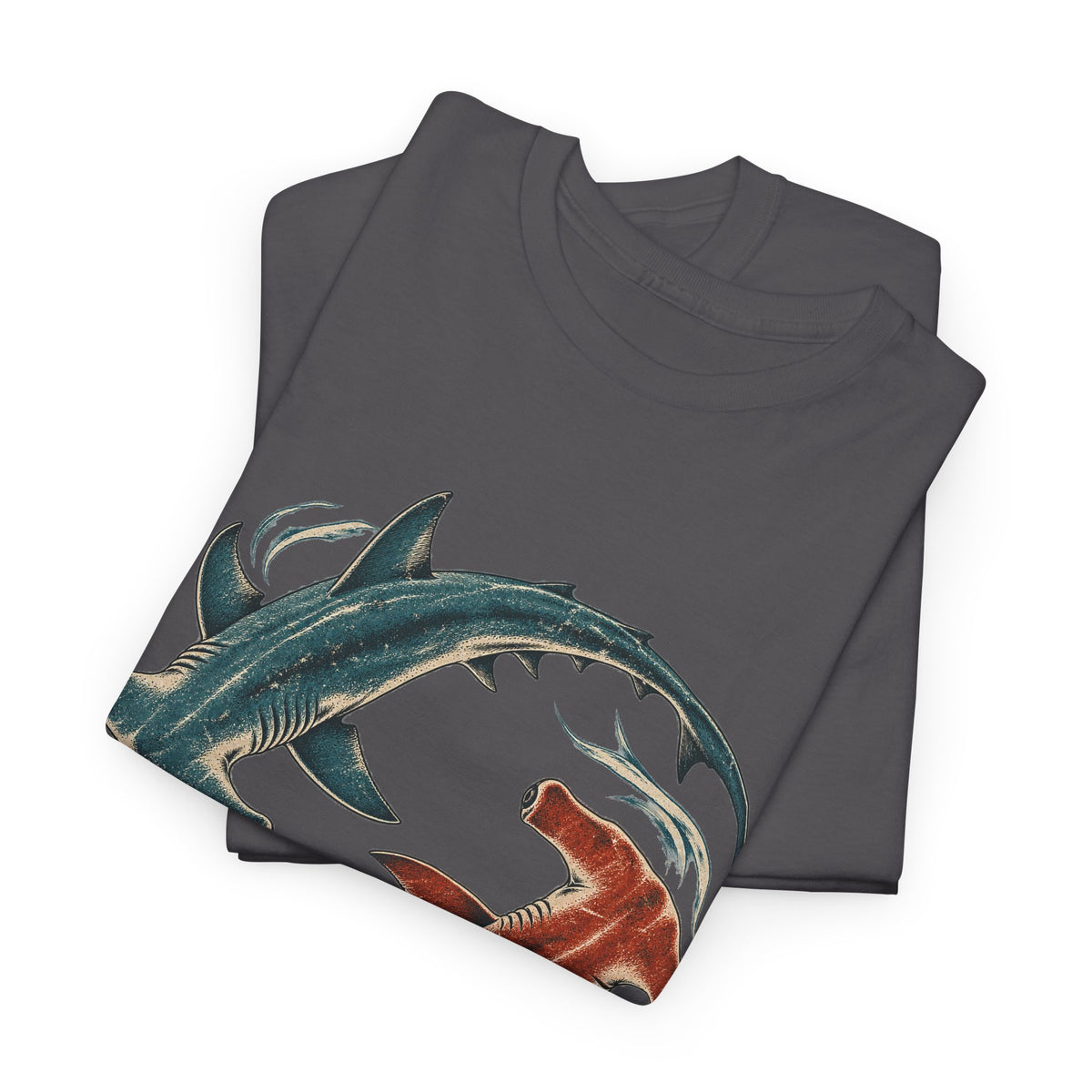 Twin Hammerhead Sharks T-Shirt Teal Orange Yin Yang Ocean Tee