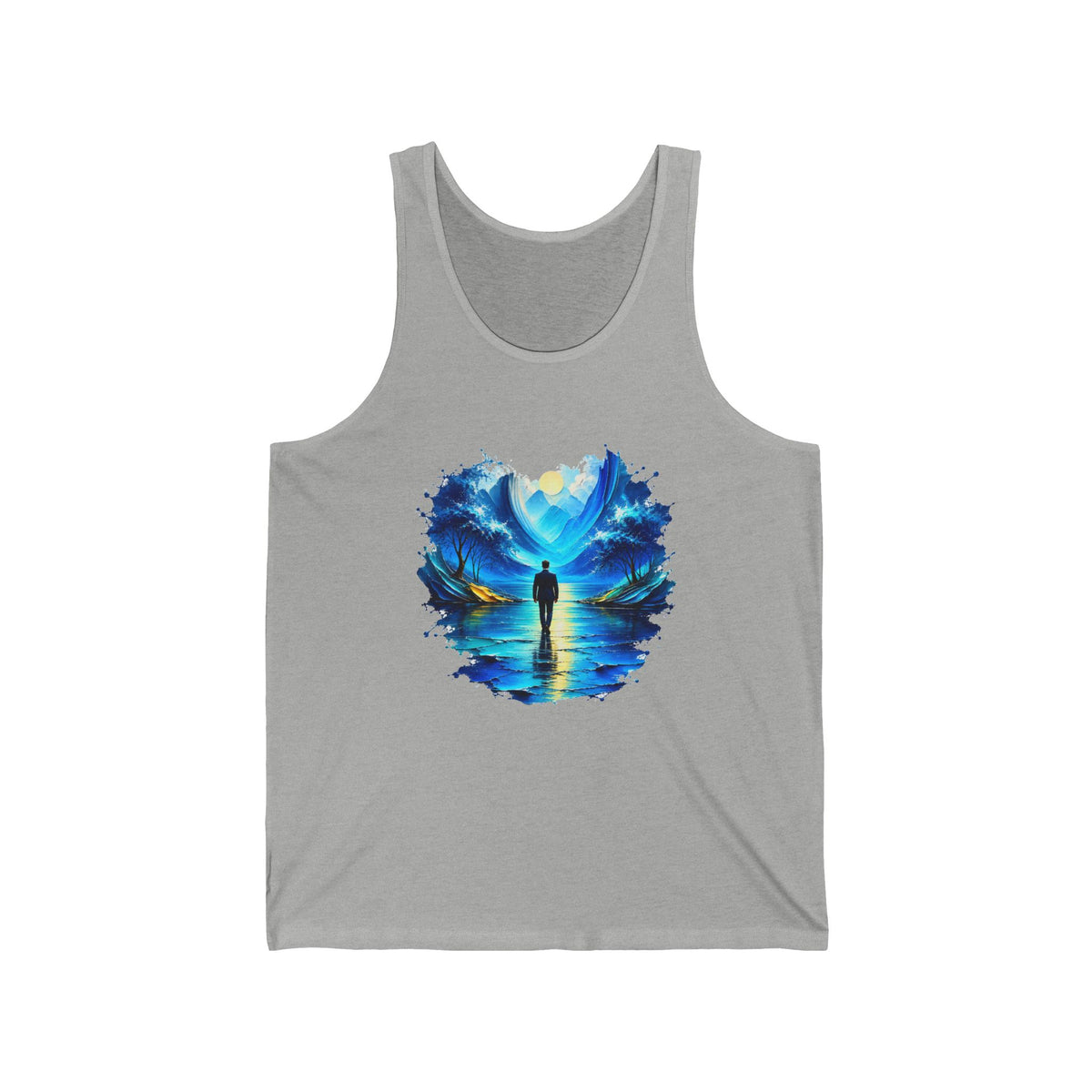 Blue Dreamscape Wanderer Tank Top Man Walking on Water Toward the Sun Paint Splash Art