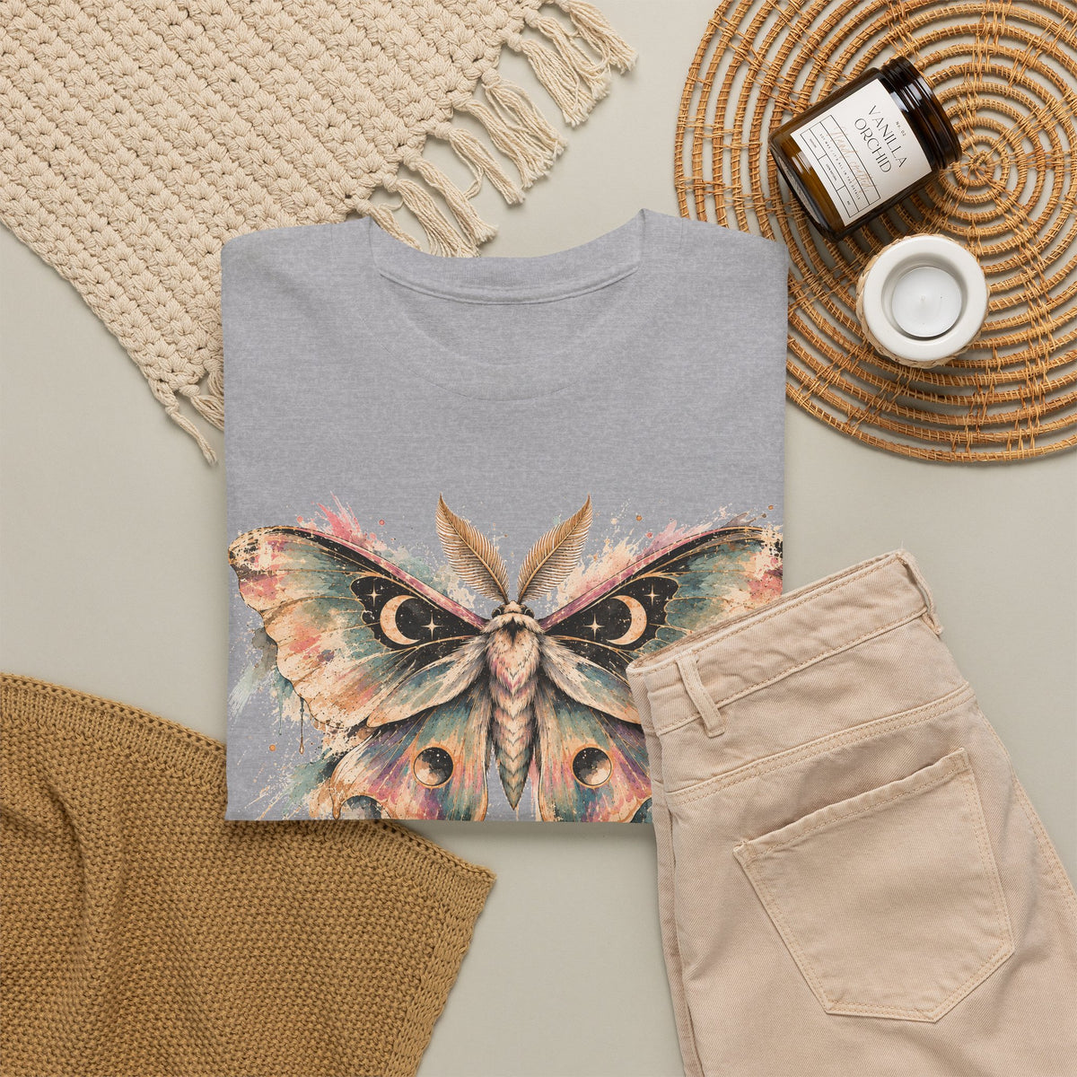 Celestial Luna Moth T-Shirt, Pastel Watercolor Moth Crescent Moon Stars Paint Drip Graphic Tee Unisex