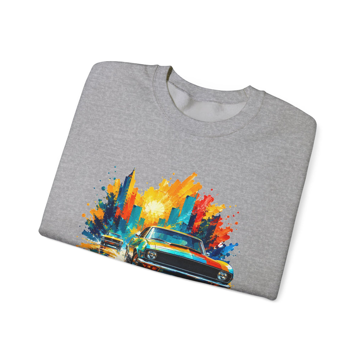 Paint Splash Muscle Car Crewneck Sweatshirt Colorful City Sunset Classic Car Art