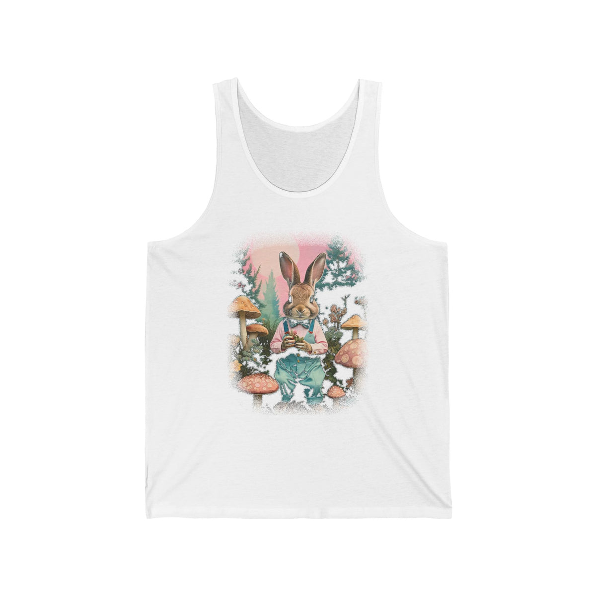 Bunny in Overalls Mushroom Forest Graphic Tank Top Unisex Jersey Tank