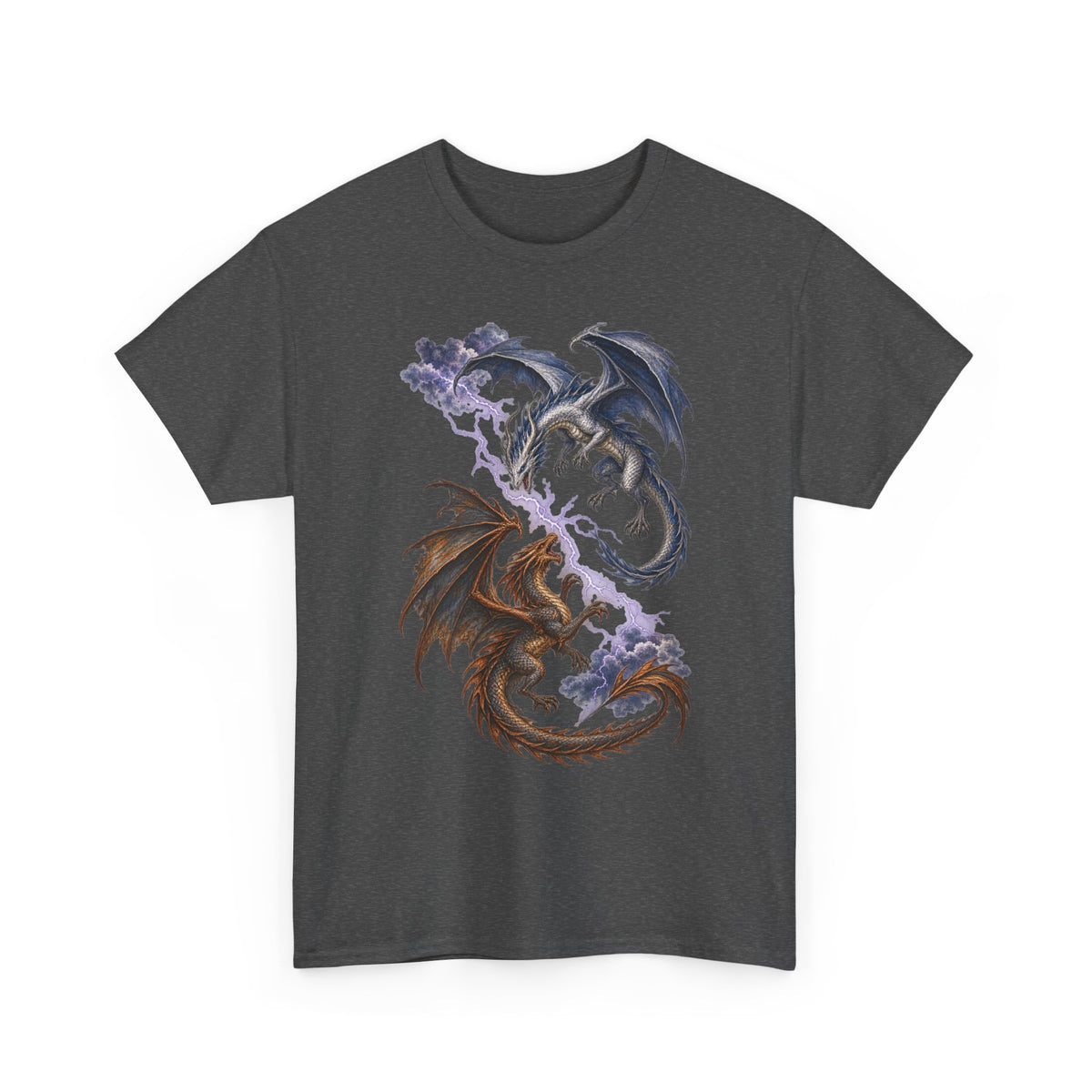 Ice and Bronze Dual Dragons Lightning T-Shirt Purple Lightning Storm Clouds Fantasy Dragon Tee