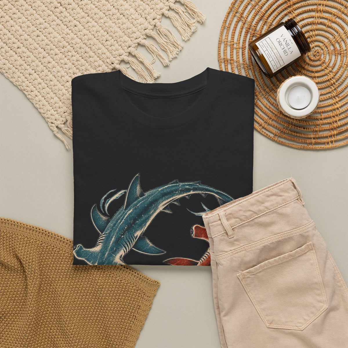 Twin Hammerhead Sharks T-Shirt Teal Orange Yin Yang Ocean Tee