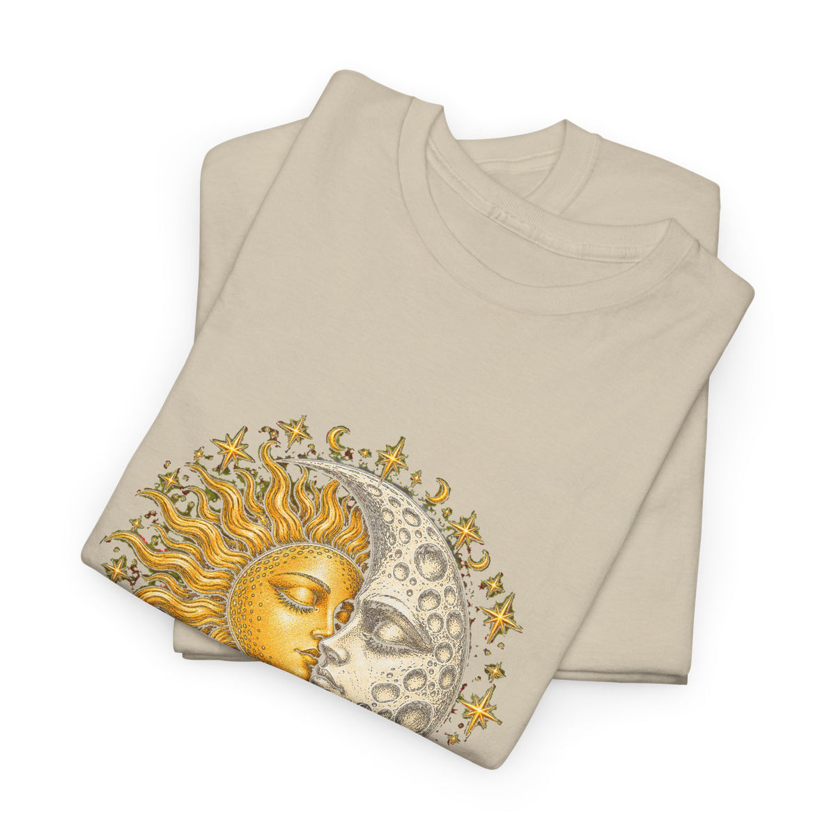 Celestial Sun and Moon Kiss T-Shirt Gold Silver Stars Romance Woodcut Tee