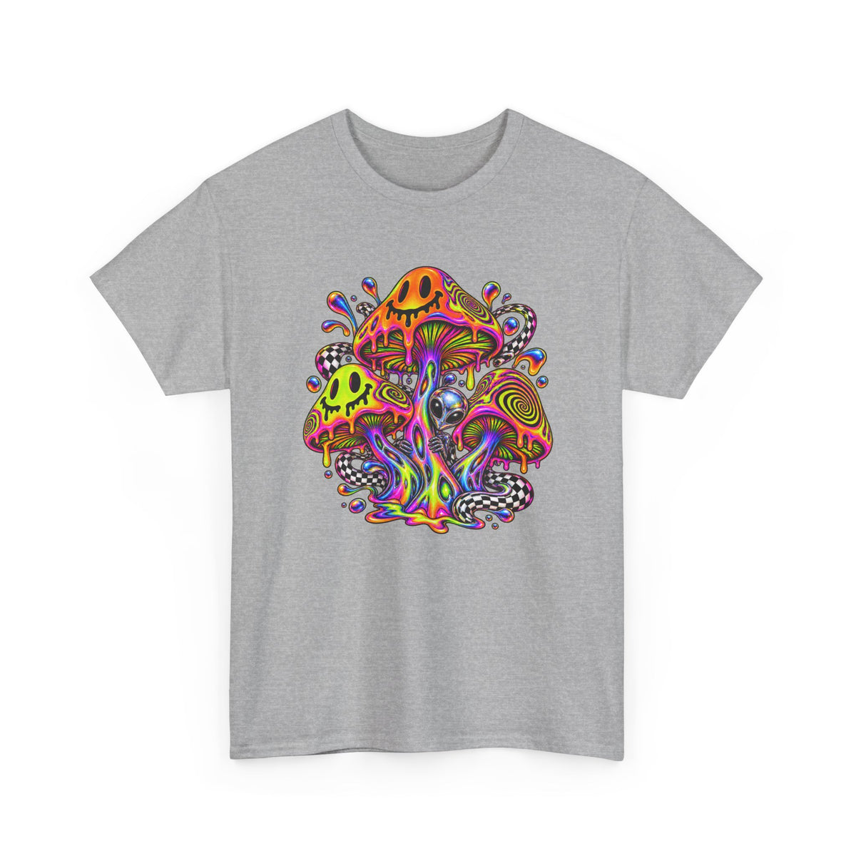 Neon Smiley Mushrooms T-Shirt Acid Alien Trippy Psychedelic Tee