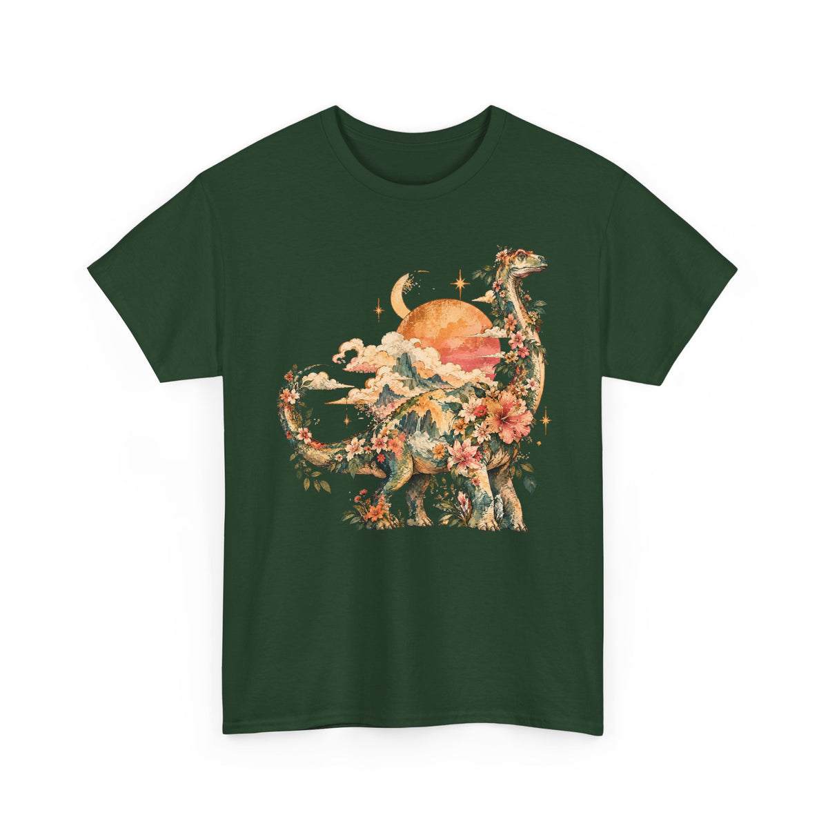 Floral Dinosaur T-Shirt, Vintage Brontosaurus Sunset Mountains Graphic Tee Unisex Nature Shirt