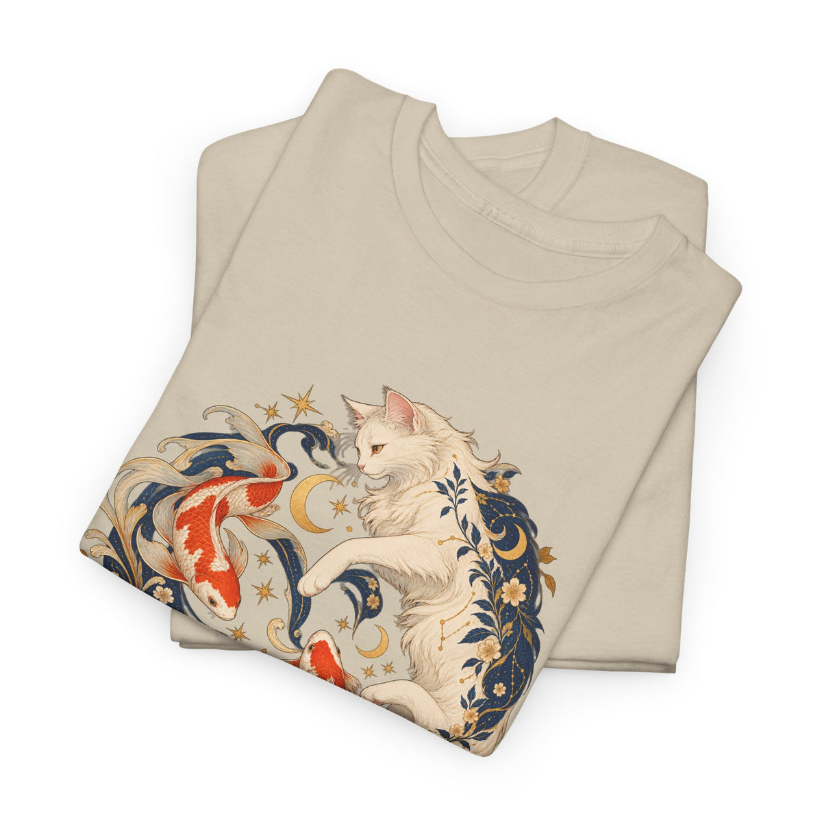White Cat Koi Celestial T-Shirt Yin Yang Floral Cat Fish Tee