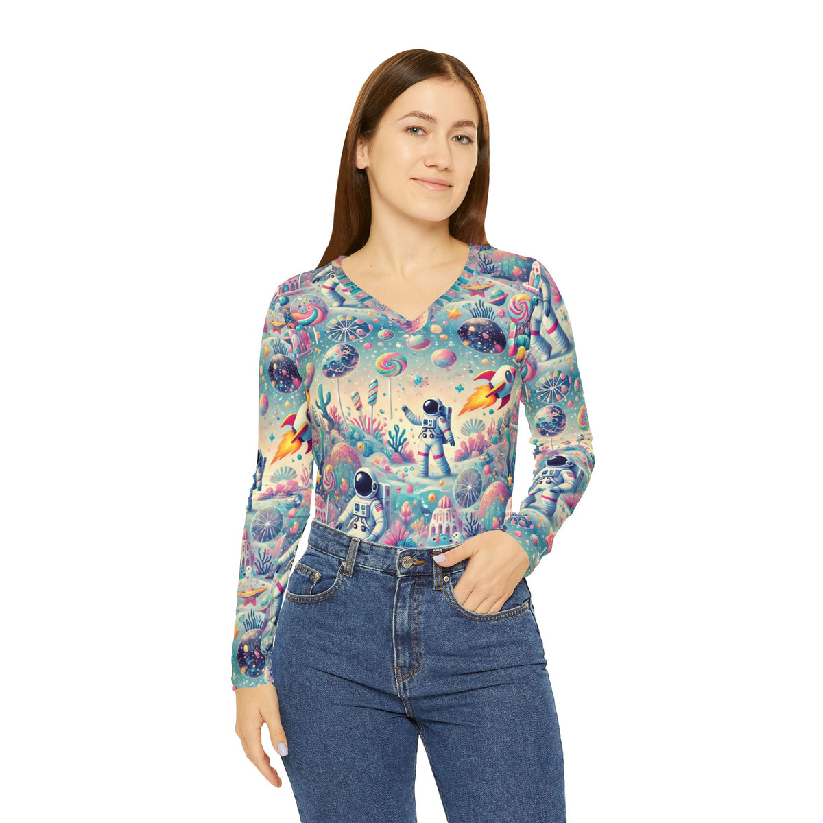 Pastel Astronaut Space Print Womens Long Sleeve V Neck Shirt