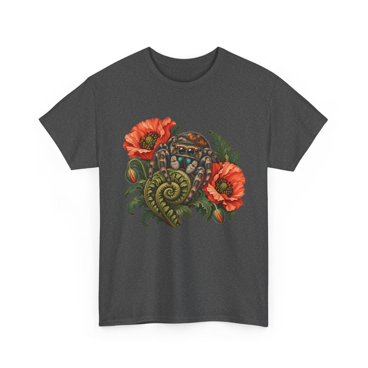 Jumping Spider Poppy Fern T-Shirt Botanical Arachnid Floral Tee