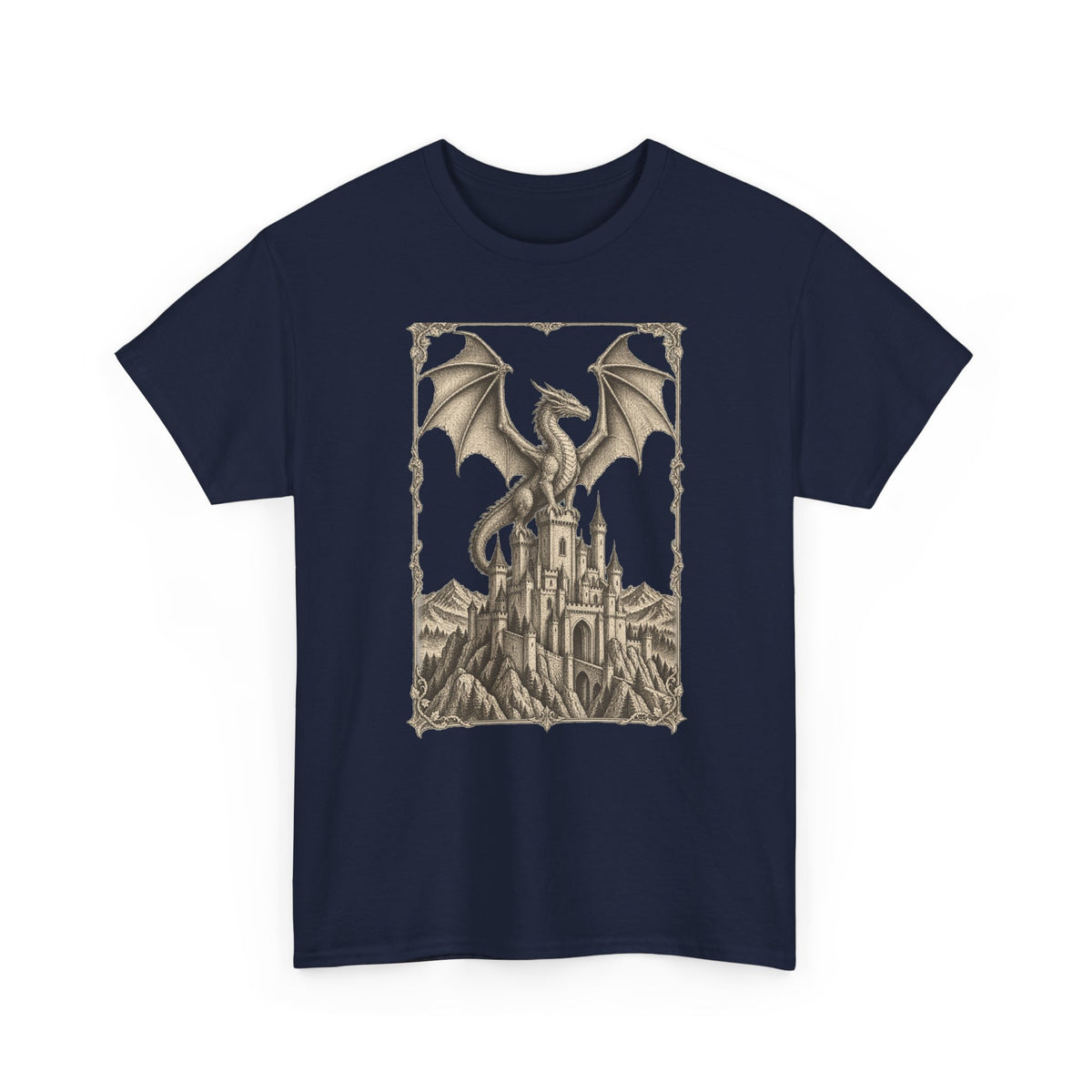 Gothic Dragon Castle T-Shirt Fantasy Stipple Ink Dragon Keep Tee