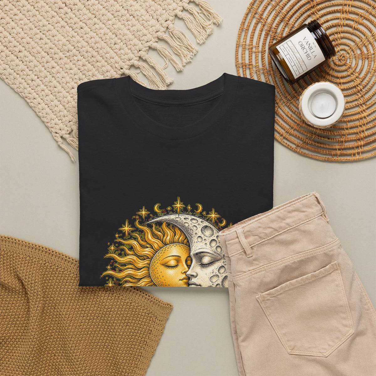 Celestial Sun and Moon Kiss T-Shirt Gold Silver Stars Romance Woodcut Tee