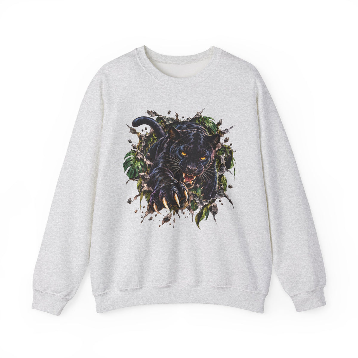 Black Jaguar Sweatshirt Snarling Big Cat Jungle Leaves Crewneck