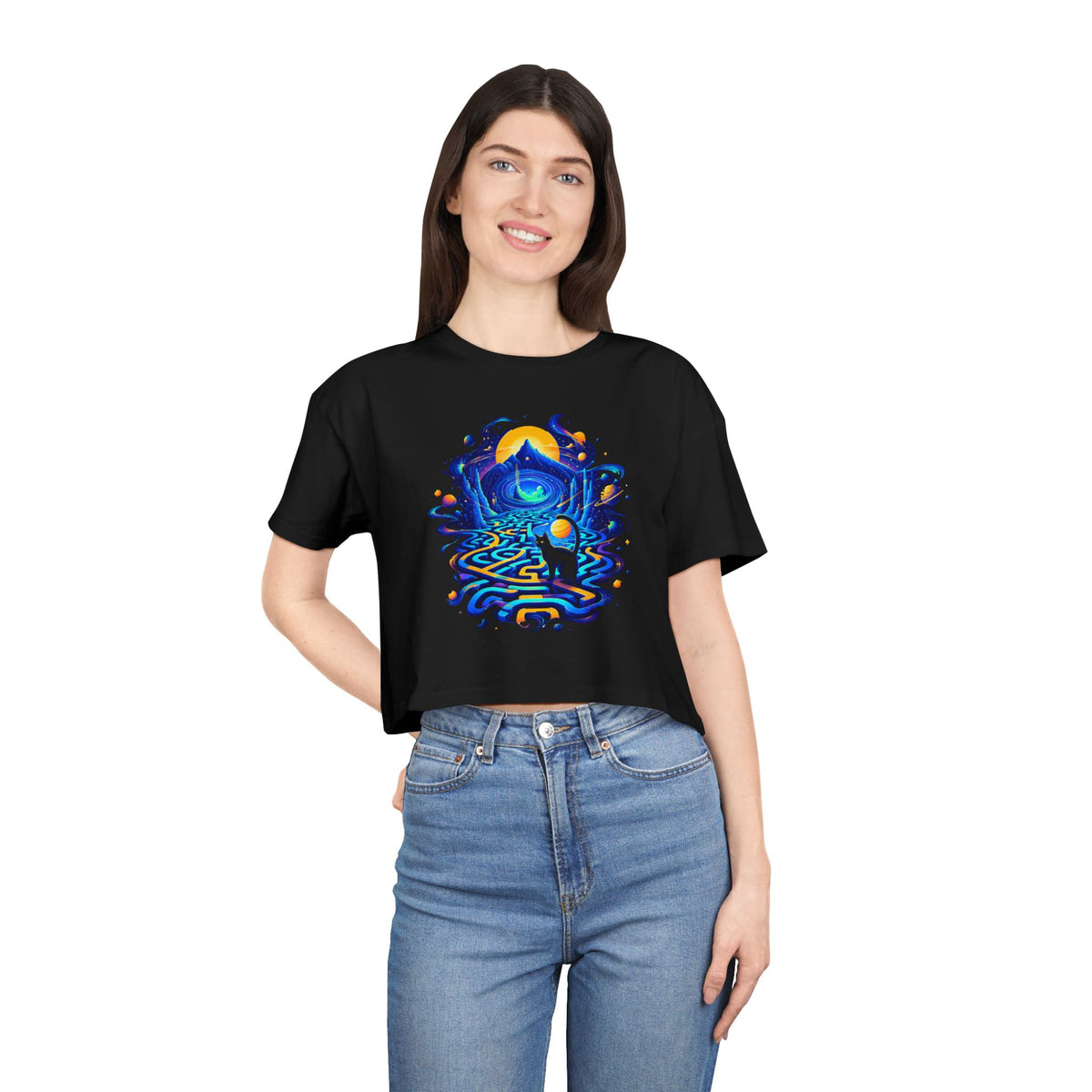 Cosmic Black Cat Maze Crop Tee, Neon Blue Gold Labyrinth Portal Sun Mountain Celestial Women's Cropped T-Shirt
