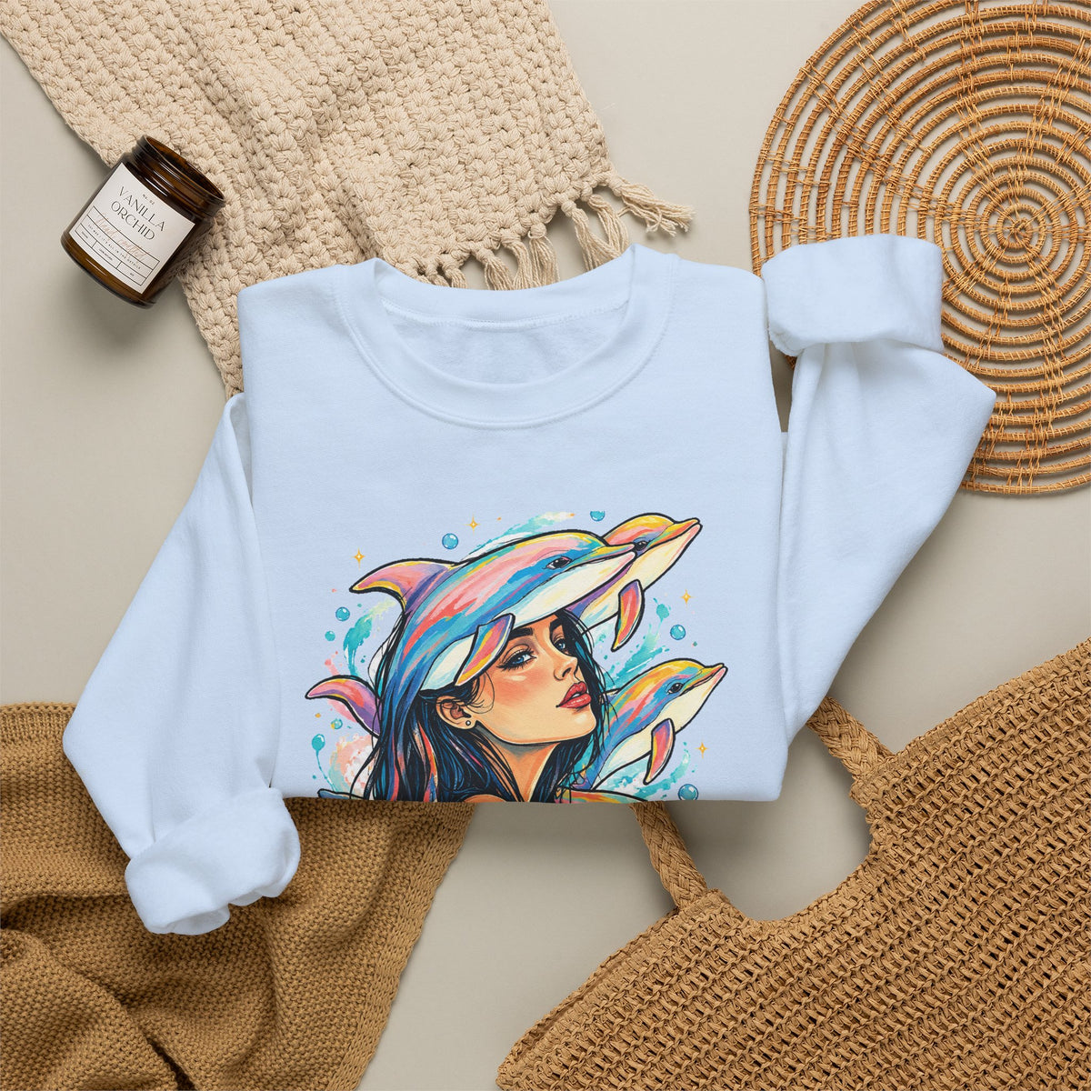 Pastel Dolphin Dream Girl Crewneck Sweatshirt Ocean Dolphins Watercolor Pop Art