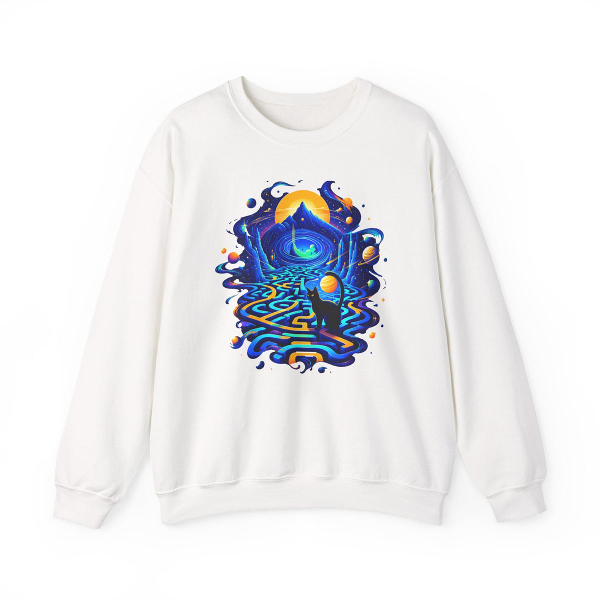 Cosmic Black Cat Maze Sweatshirt Celestial Galaxy Labyrinth Cat Lover Crewneck