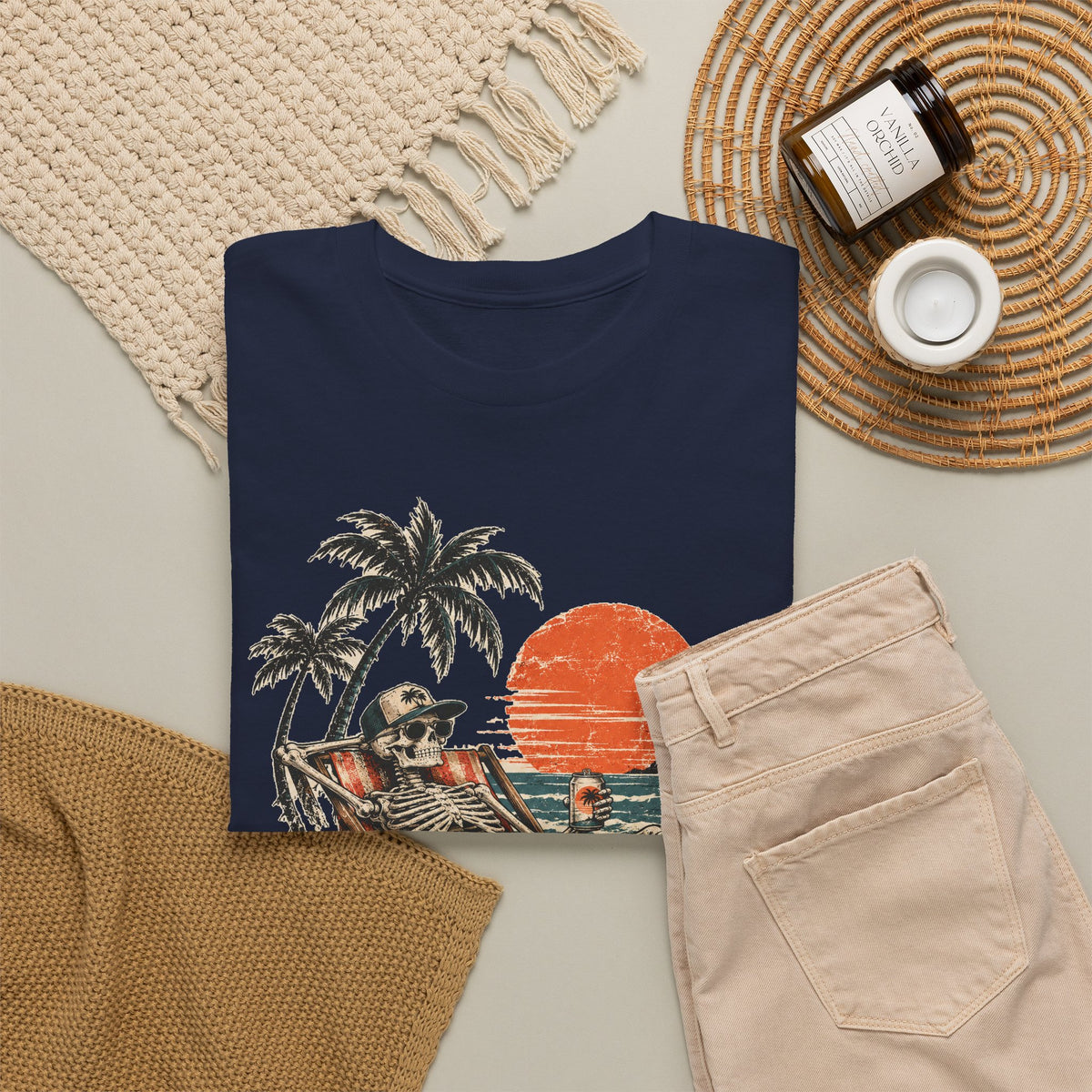 Beach Skeleton Sunset T-Shirt Palm Trees Vacation Mode Funny Skeleton Graphic Tee