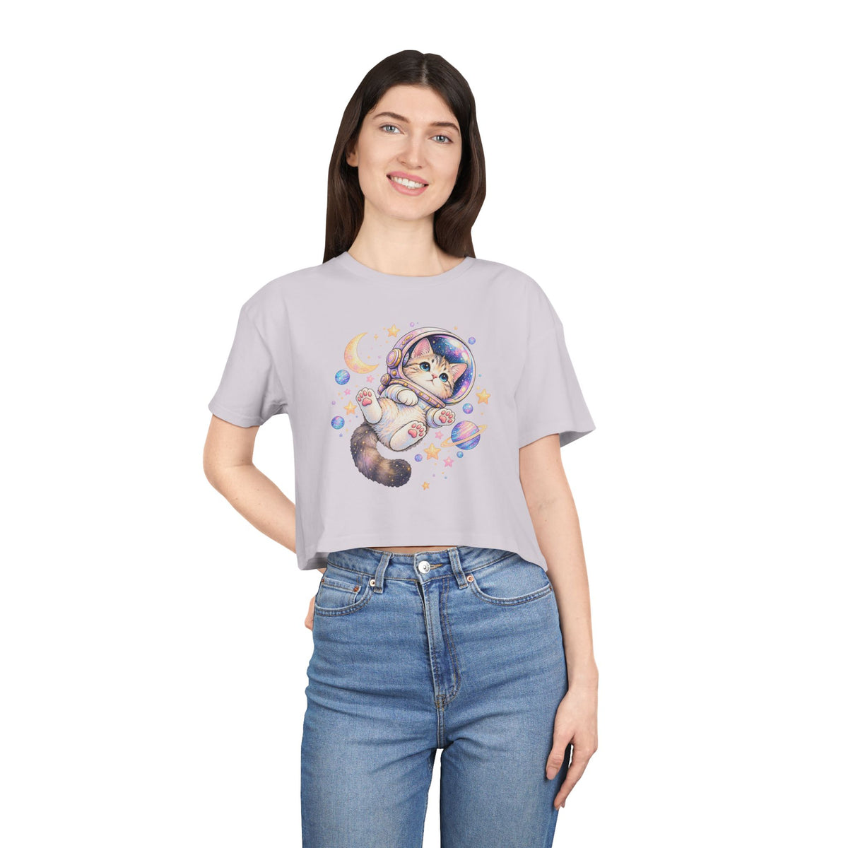 Astronaut Kitten Crop Tee, Cute Pastel Space Cat Helmet Moon Planets Stars Kawaii Women's Cropped T-Shirt