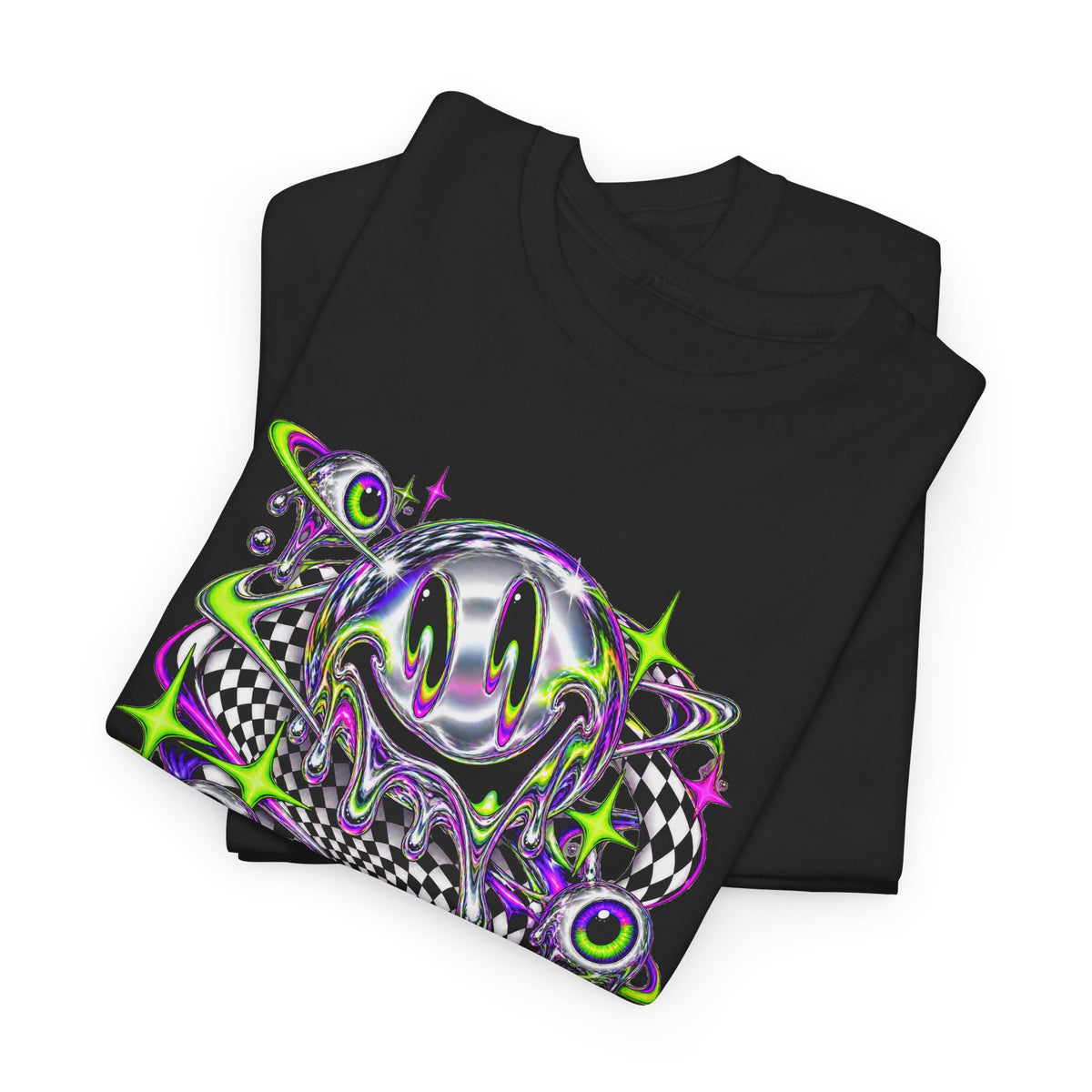 Chrome Melting Smiley T-Shirt Acid Trippy Y2K Psychedelic Tee