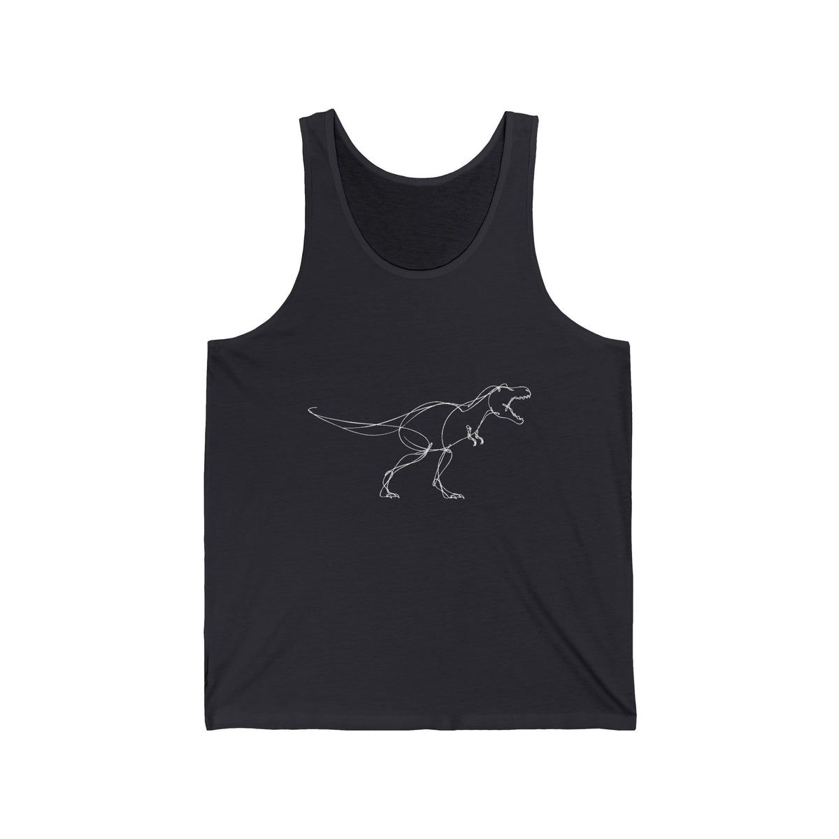 Minimal White Line T-Rex on Black Tank Top Simple Dinosaur Sketch