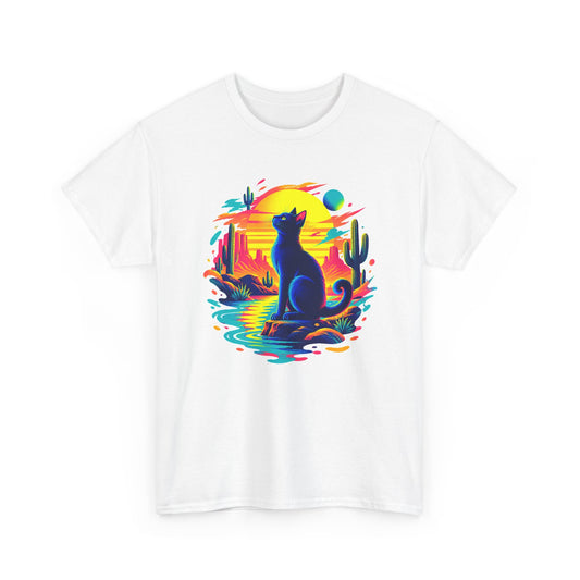 Neon Desert Black Cat T-Shirt Synthwave Sunset Cactus Oasis Cat Lover Tee