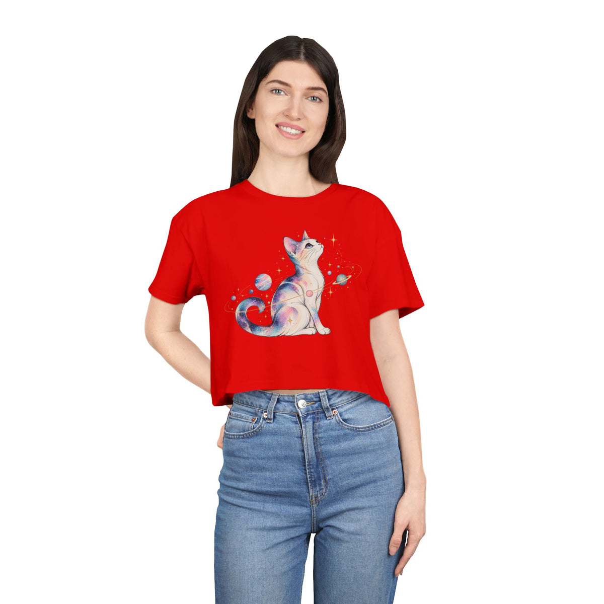 Cosmic Galaxy Cat Crop Tee, Pastel Watercolor Cat Planets Gold Stars Celestial Women's Cropped T-Shirt
