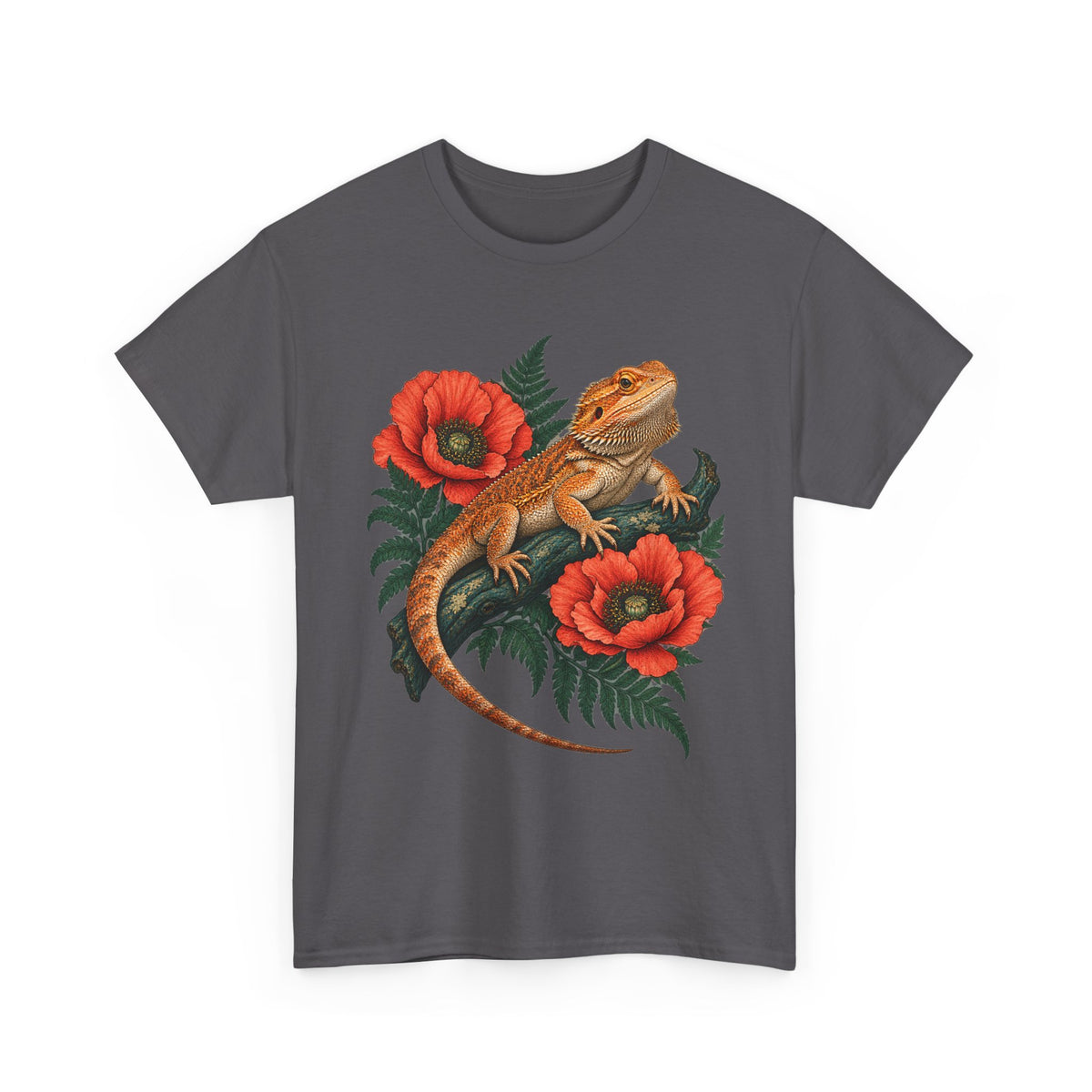 Bearded Dragon Red Poppies T-Shirt Botanical Lizard Floral Tee