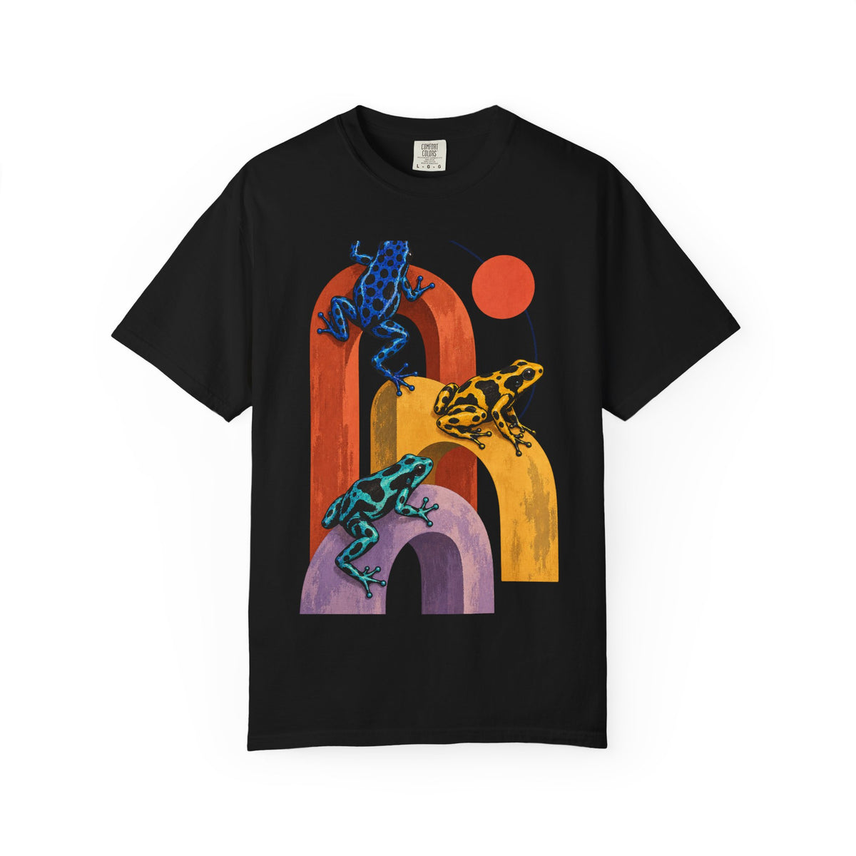 Poison Dart Frogs Colorful Arches Red Sun Tee Midcentury Geometric Frog Wildlife Shirt
