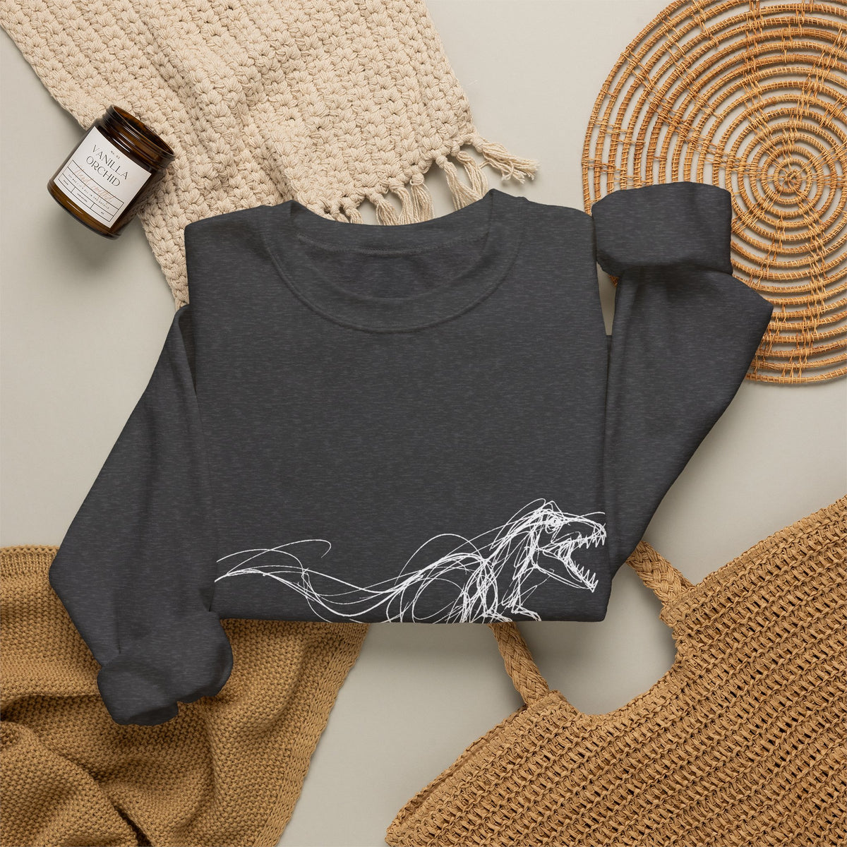 Sketchy White T-Rex on Black Sweatshirt Loose Ink Dinosaur Line Art