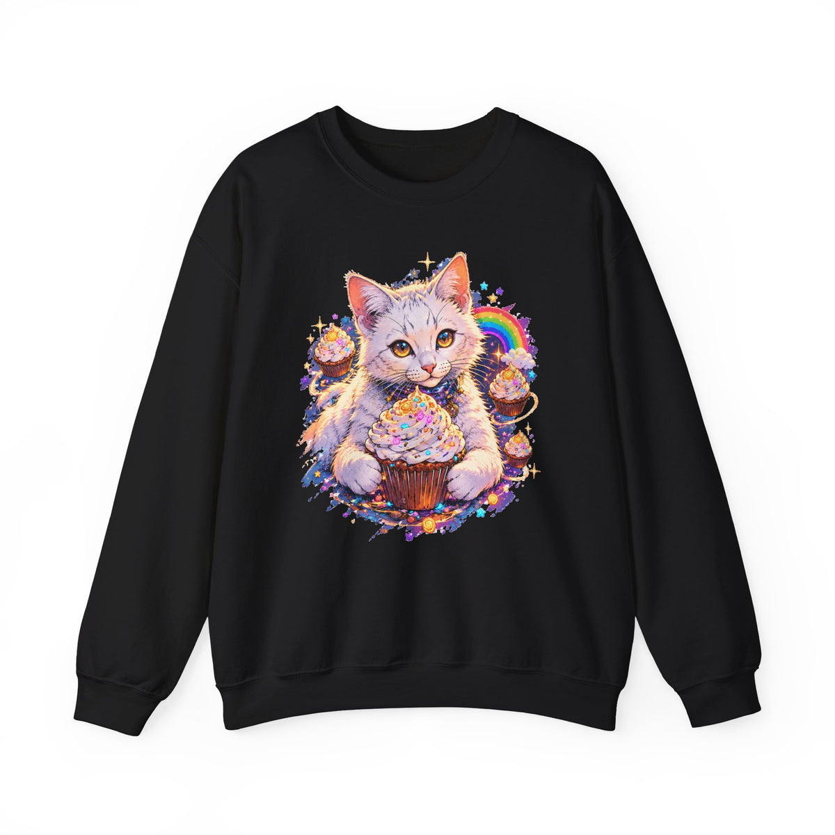 Birthday Cat Cupcake Crewneck Sweatshirt Cute White Kitten Rainbow Sprinkles Party Art