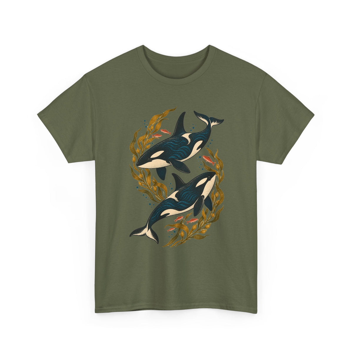 Orca Kelp Duo Tee Two Killer Whales Golden Kelp Forest Orange Fish Ocean Shirt