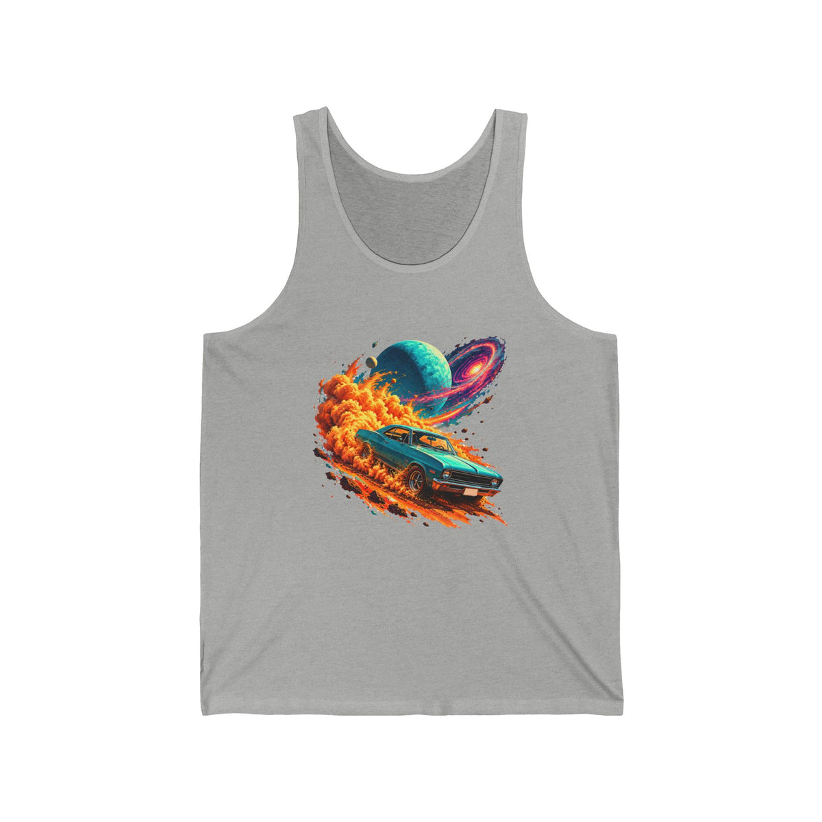 Cosmic Muscle Car Drift Tank Top Teal Classic Car Orange Dust Planet Galaxy Art