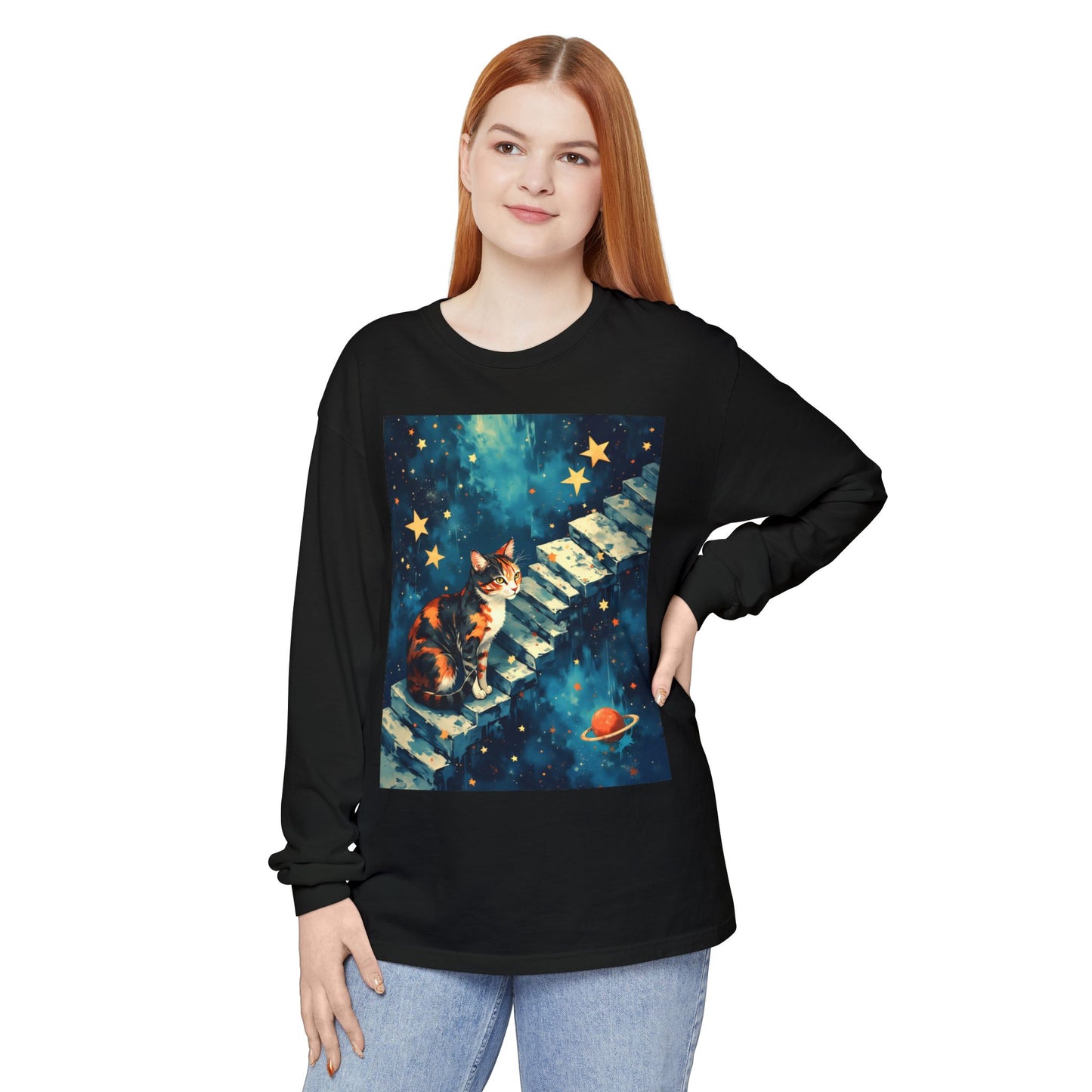 Long Sleeve T-Shirt - Cat on a Stairway to the Stars