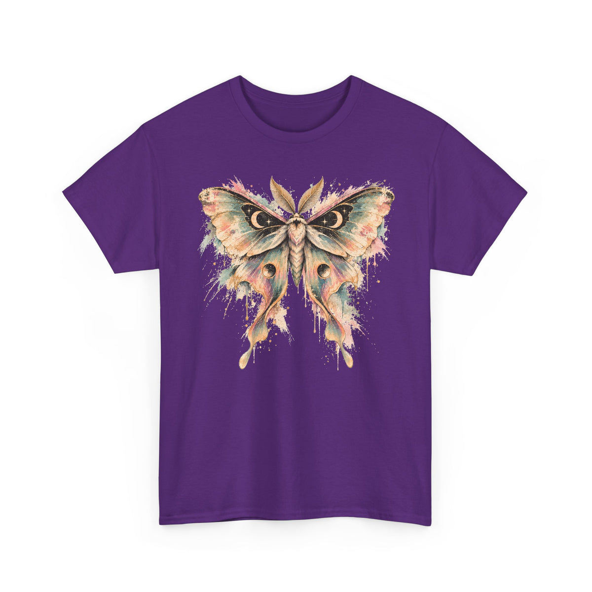 Celestial Luna Moth T-Shirt, Pastel Watercolor Moth Crescent Moon Stars Paint Drip Graphic Tee Unisex