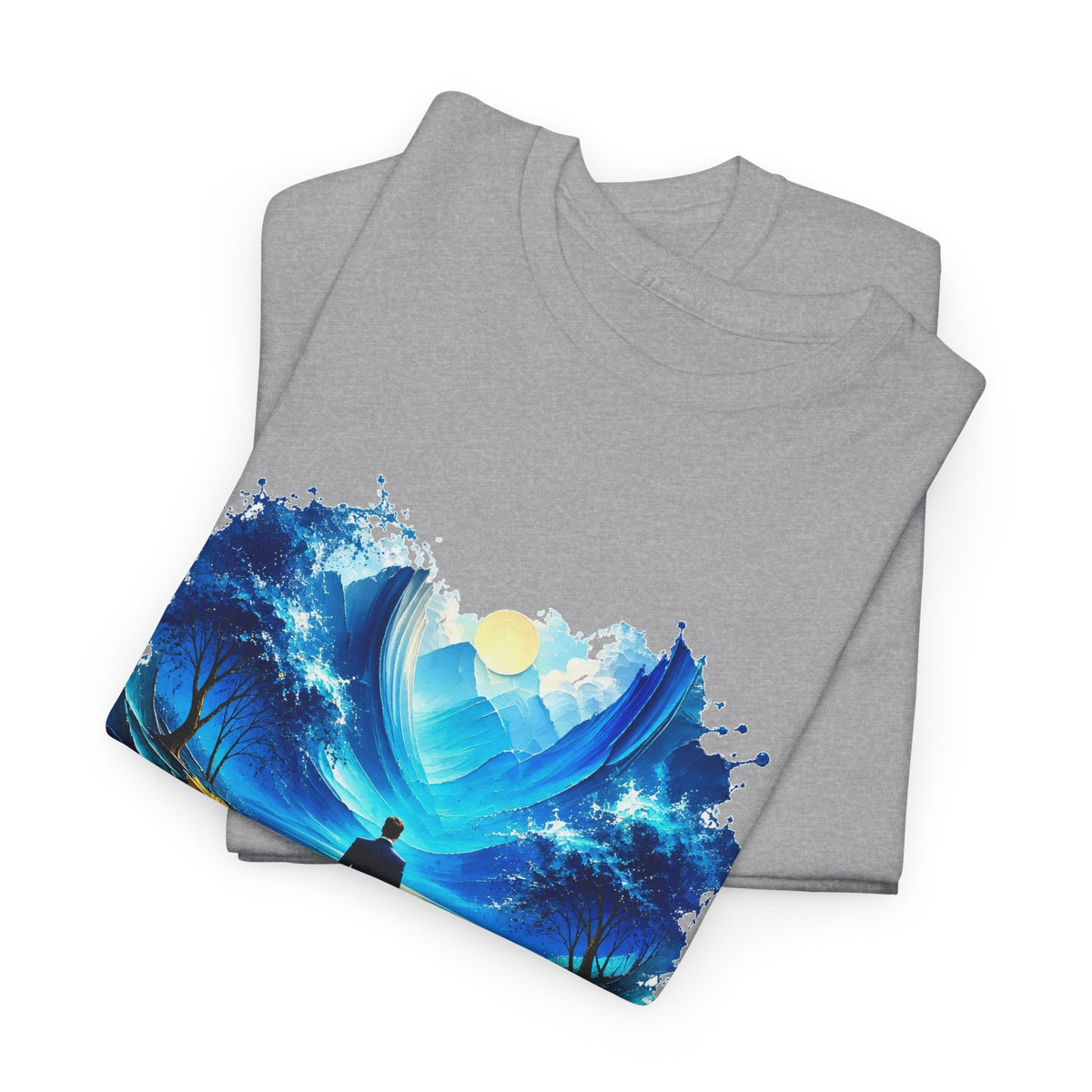 Blue Dreamscape Wanderer T-Shirt Man Walking on Water Toward the Sun Paint Splash Art