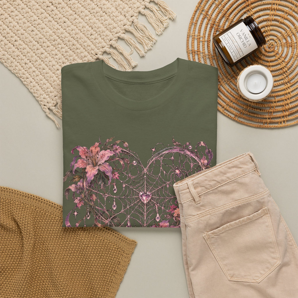 Gothic Spiderweb Heart T-Shirt Pink Lilies Crystal Pastel Goth Graphic Tee