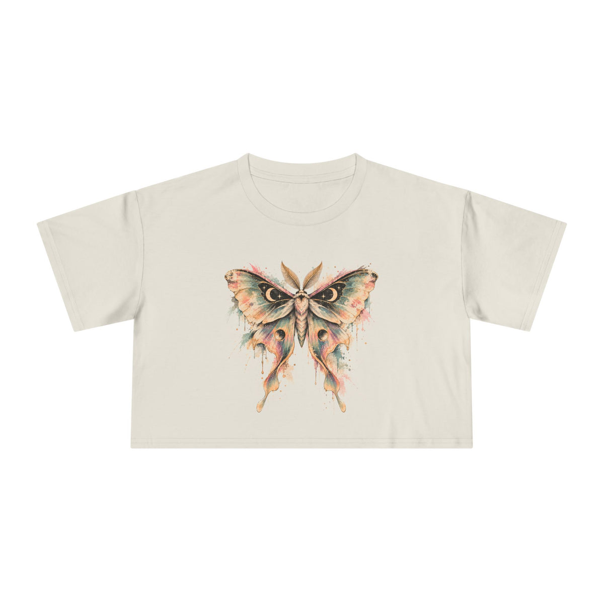Celestial Luna Moth Crop Tee, Pastel Watercolor Moth Crescent Moon Stars Paint Drip Women's Cropped T-Shirt