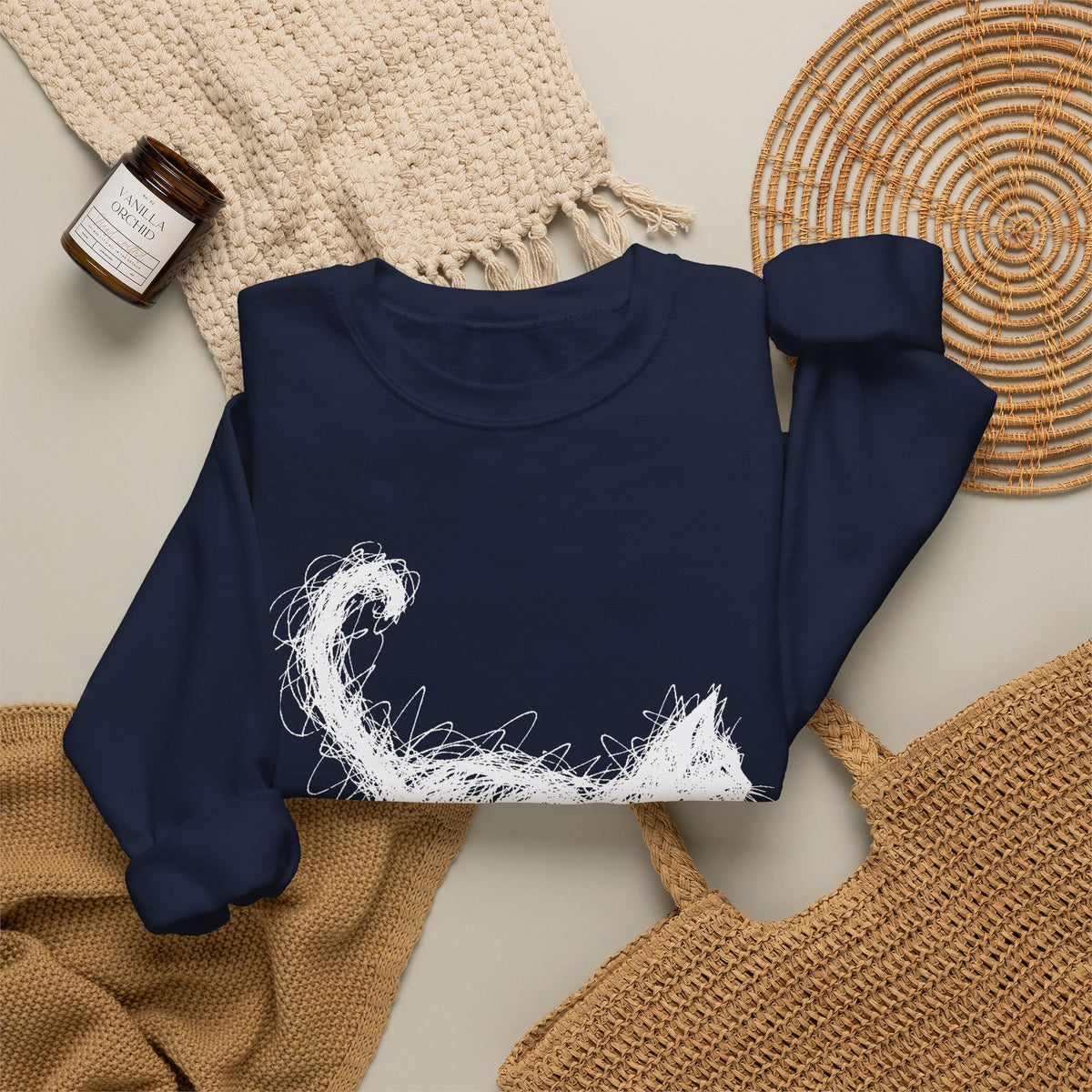 Scribble White Cat on Black Sweatshirt Minimal Line Art Cat
