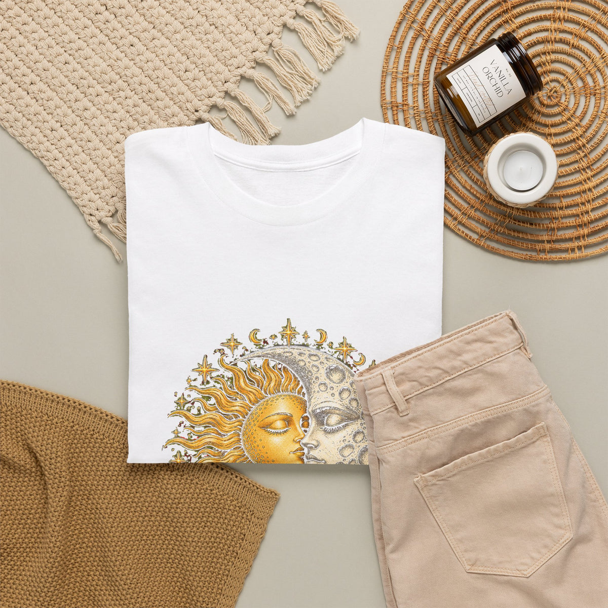 Celestial Sun and Moon Kiss T-Shirt Gold Silver Stars Romance Woodcut Tee