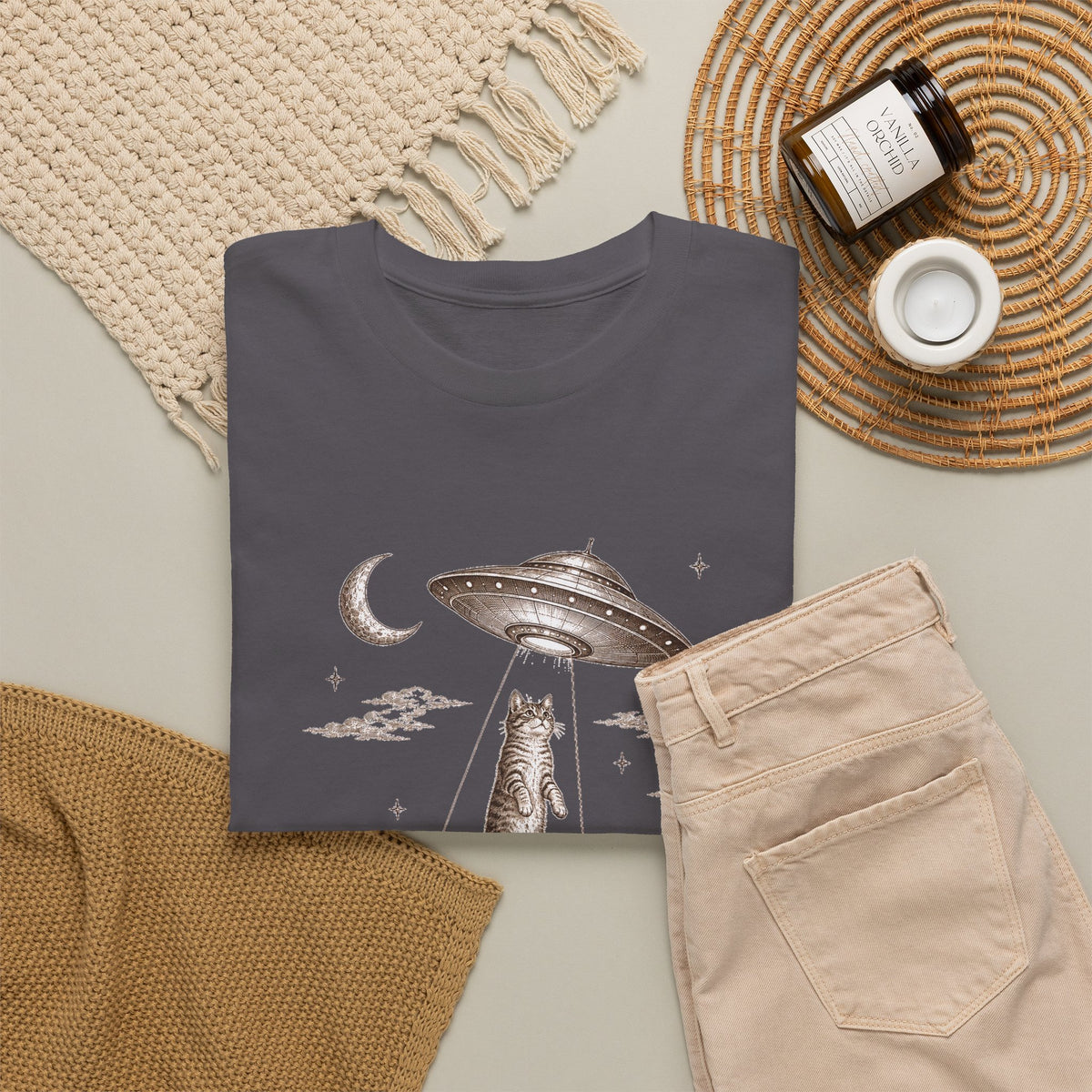 UFO Cat Abduction T-Shirt Sepia Desert Tabby Alien Beam Tee