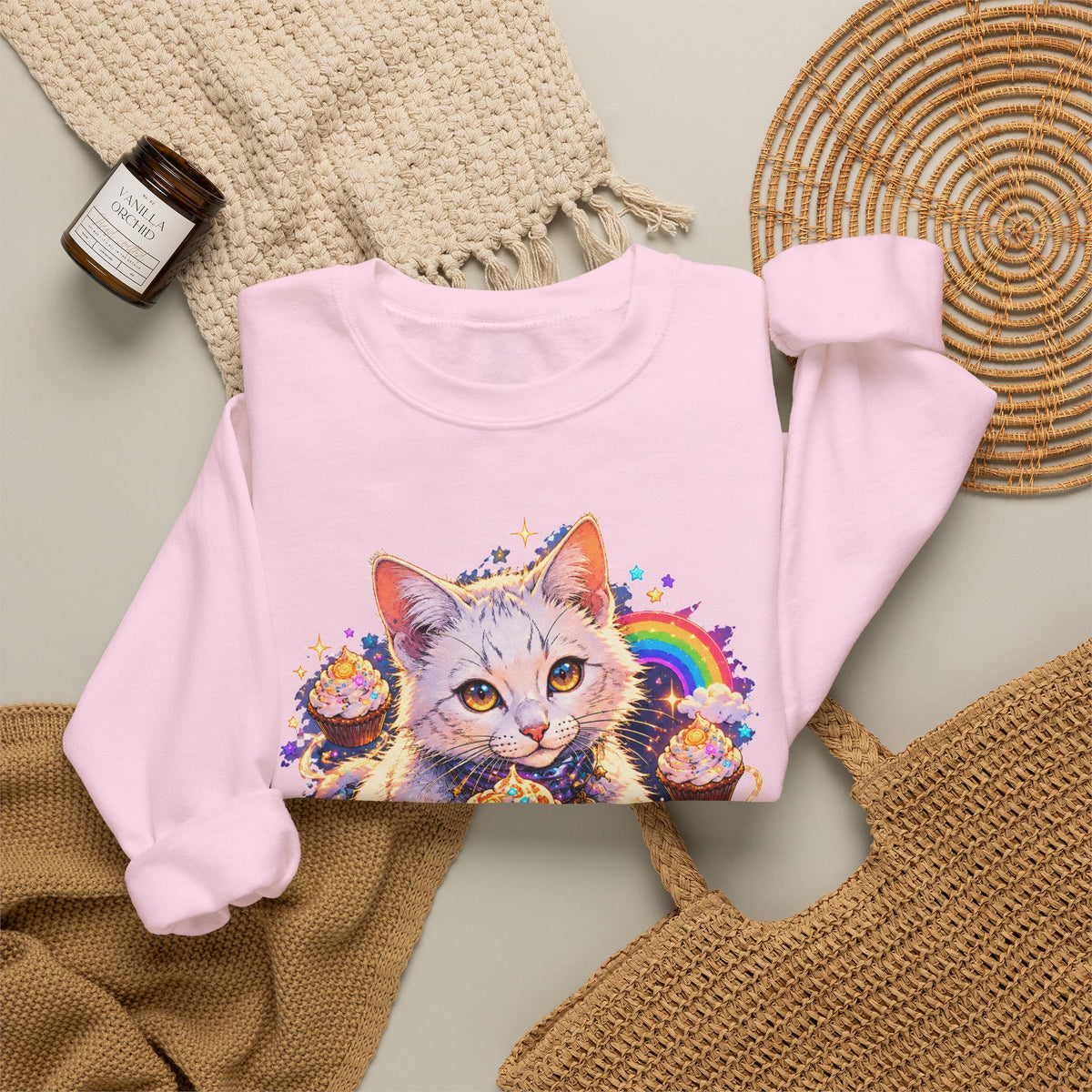 Birthday Cat Cupcake Crewneck Sweatshirt Cute White Kitten Rainbow Sprinkles Party Art