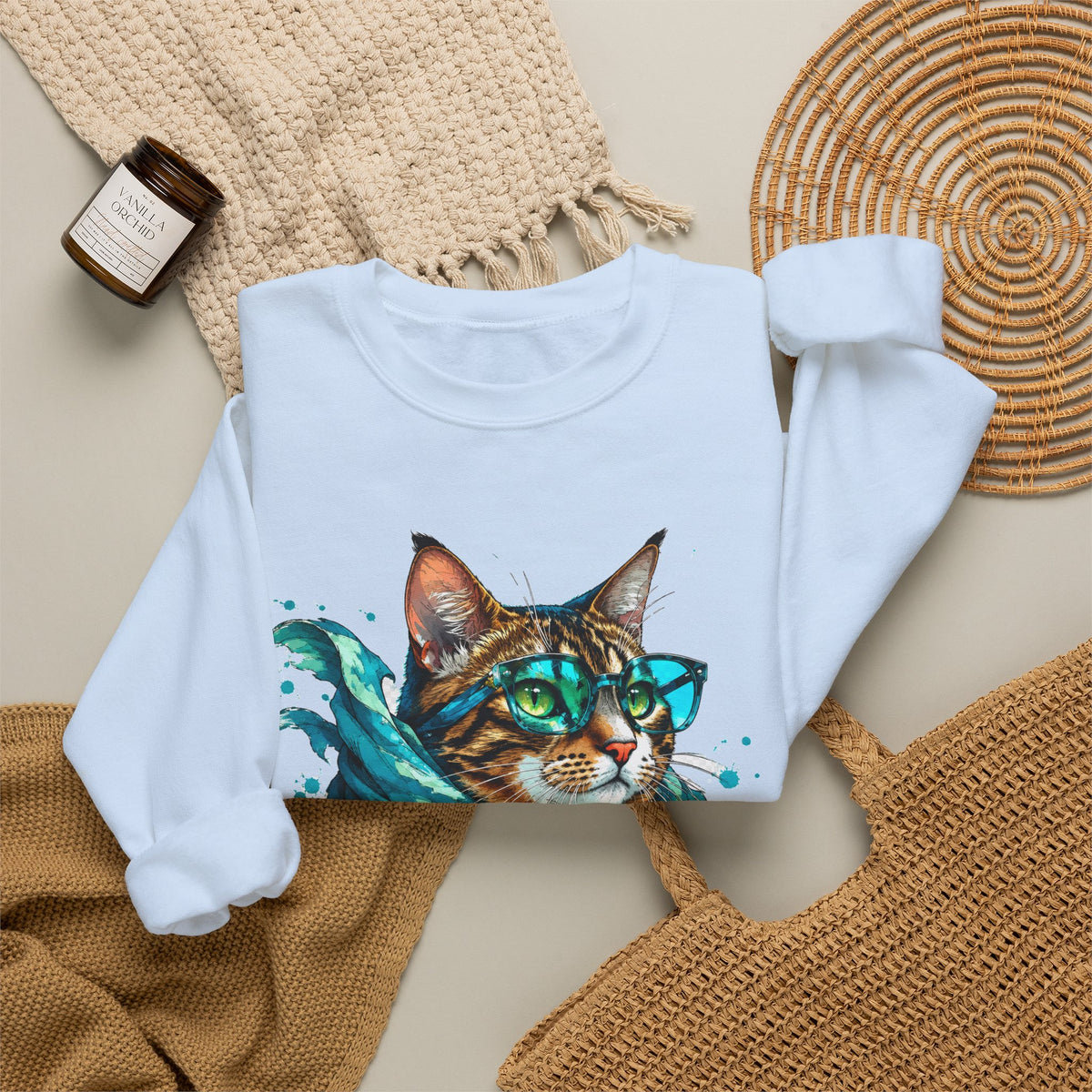 Tabby Cat in Glasses and Scarf Crewneck Sweatshirt Cool Hipster Cat Teal Splash Art