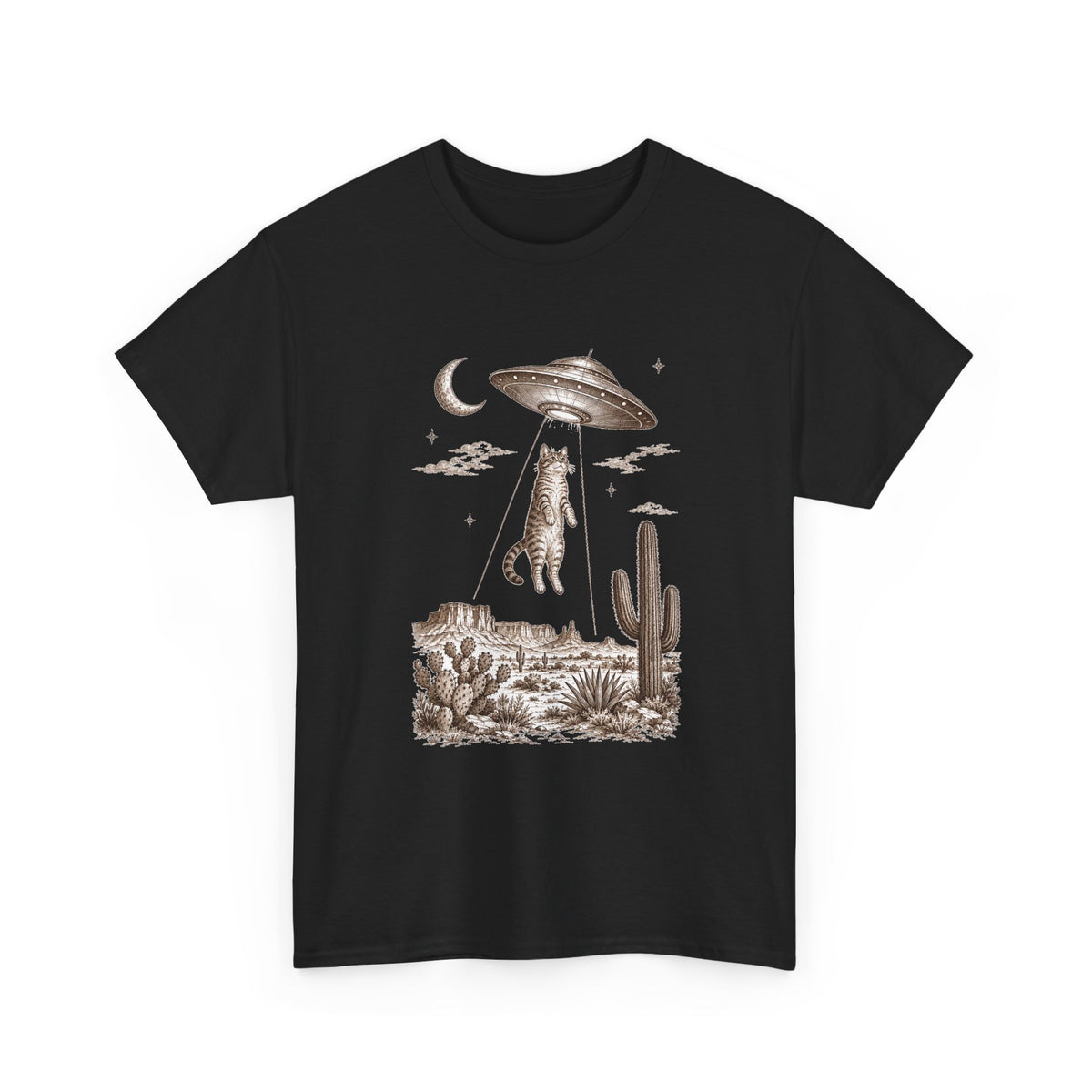 UFO Cat Abduction T-Shirt Sepia Desert Tabby Alien Beam Tee