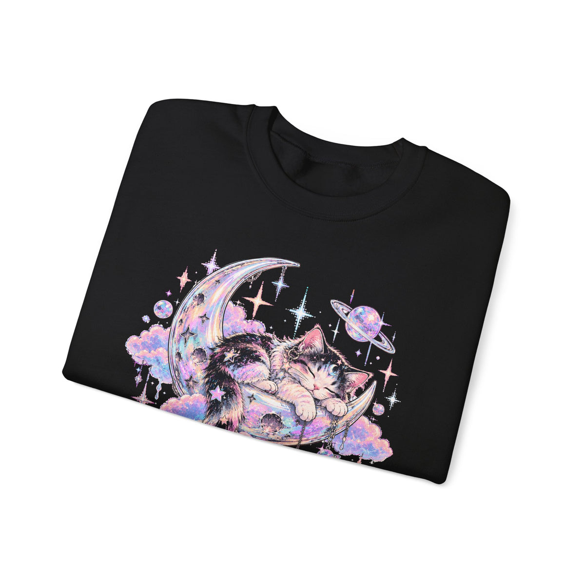 Sleeping Cat on Crescent Moon Sweatshirt Pastel Kawaii Celestial Kitten Crewneck