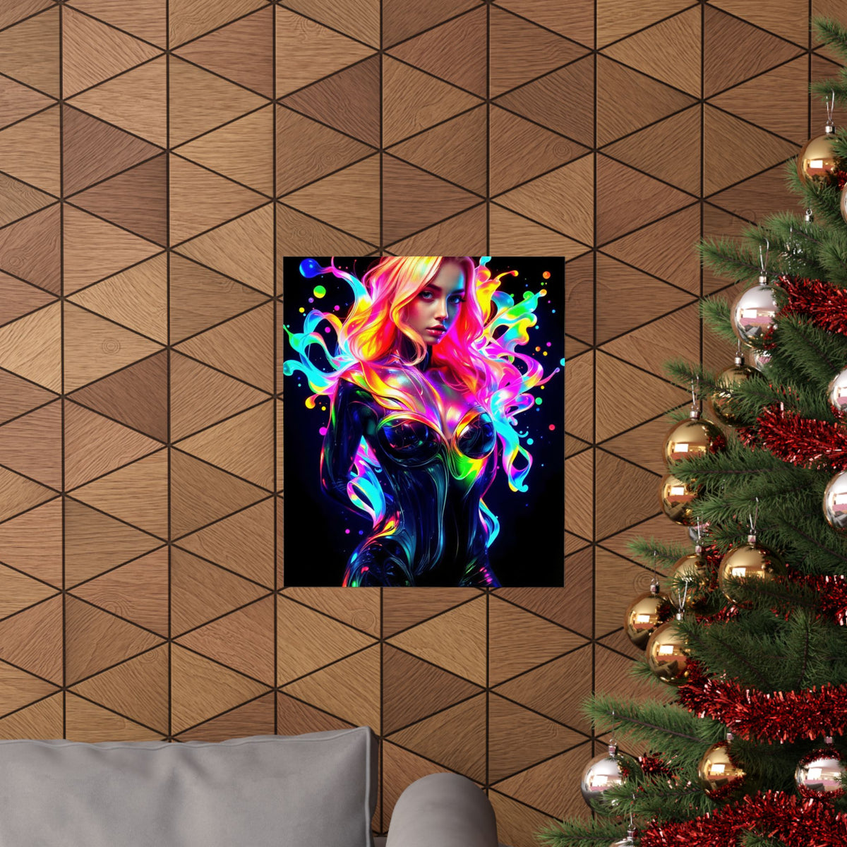 Neon Splash Rainbow Hair Woman Poster Matte Vertical Wall Art