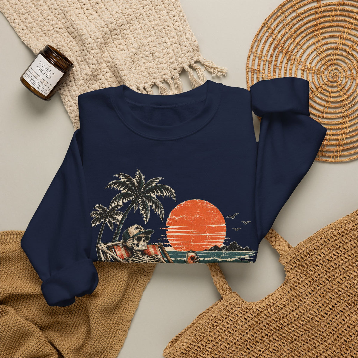 Beach Skeleton Sunset Sweatshirt Palm Trees Vacation Mode Skeleton Crewneck