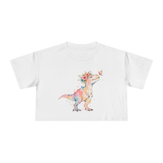Watercolor T-Rex Crop Tee, Pastel Dinosaur Flower Crown Butterfly Cute Cottagecore Women's Cropped T-Shirt