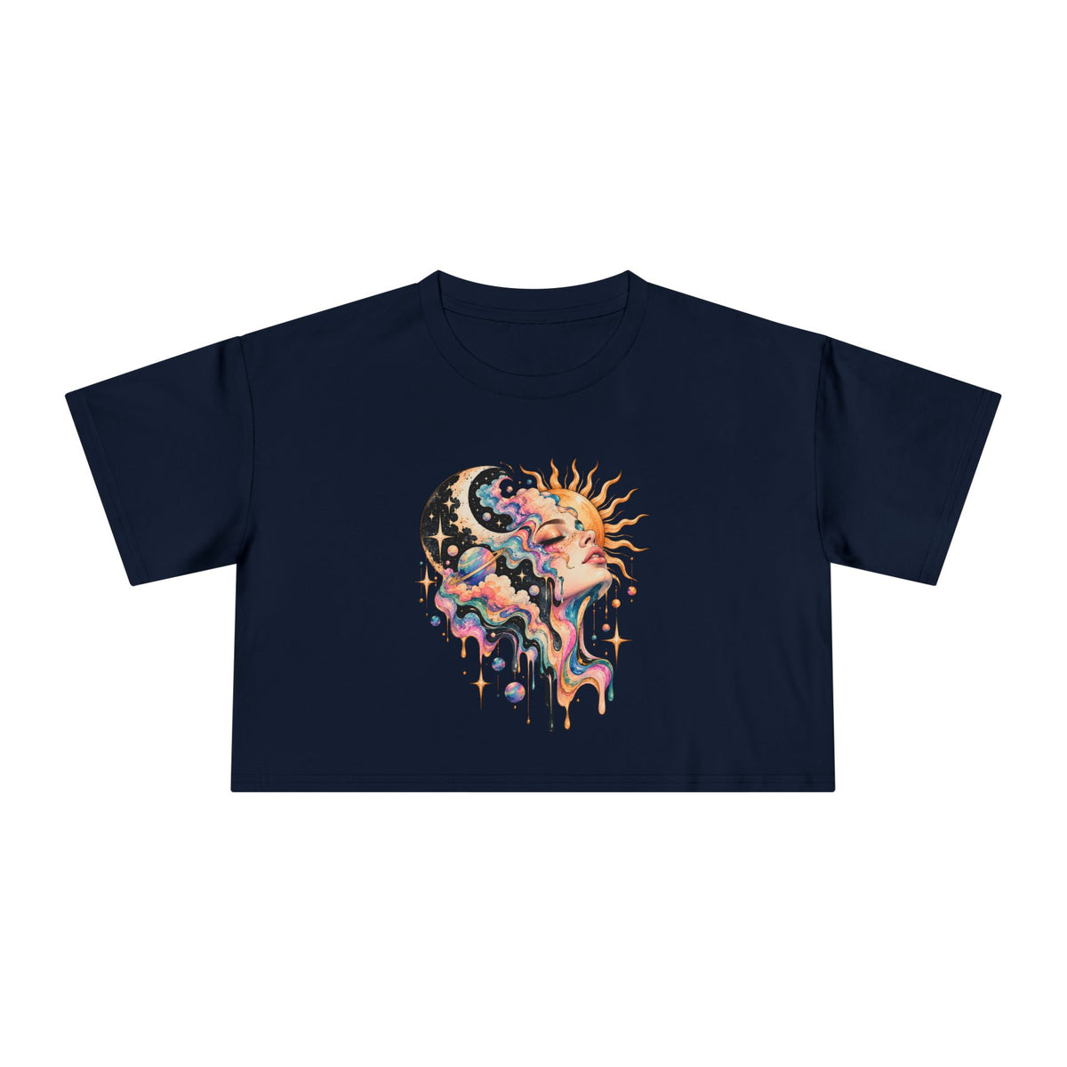 Celestial Sun and Moon Woman Crop Tee, Pastel Cloud Hair Melting Drip Planets Stars Women's Cropped T-Shirt