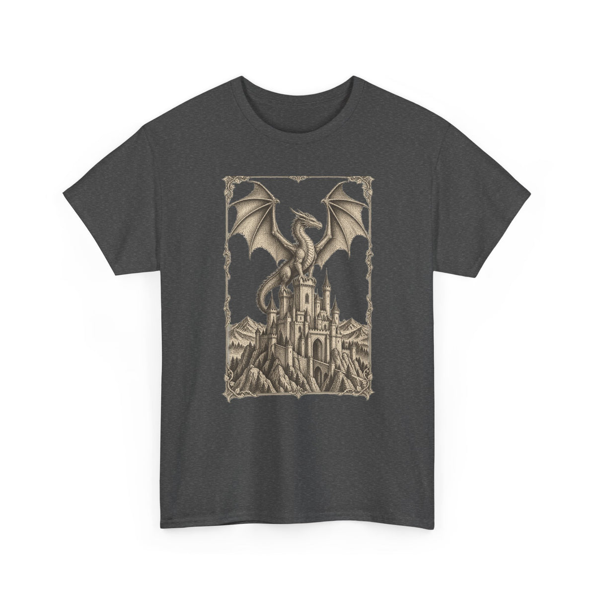 Gothic Dragon Castle T-Shirt Fantasy Stipple Ink Dragon Keep Tee
